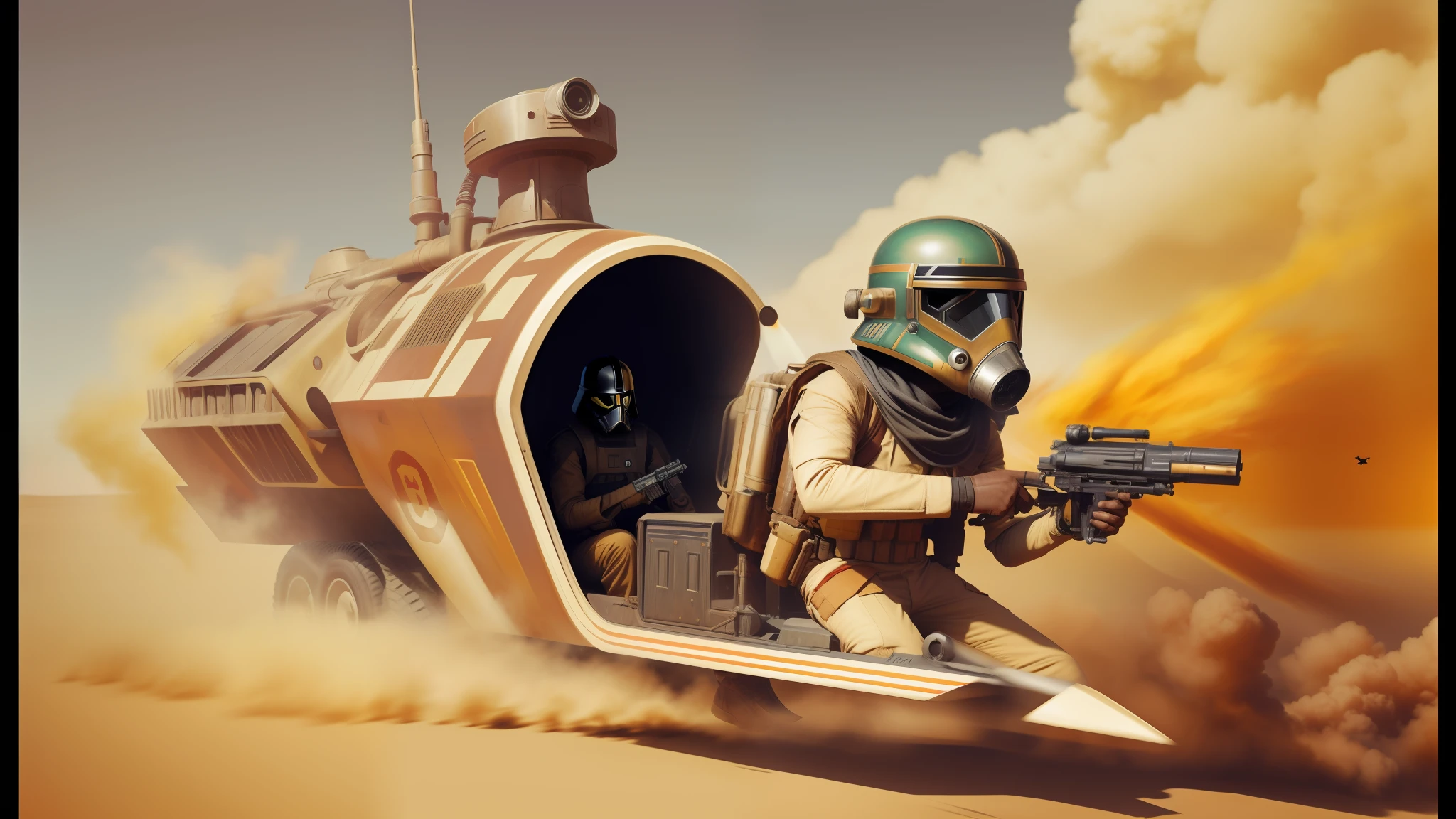 there is a man in a gas mask riding a vehicle with a gun, star wars concept art, in the style of tom bagshaw, speedy aircraft, crossing the desert, promotional images, film still from star wars, war boys, promotional render, flamethrower, winged helmet