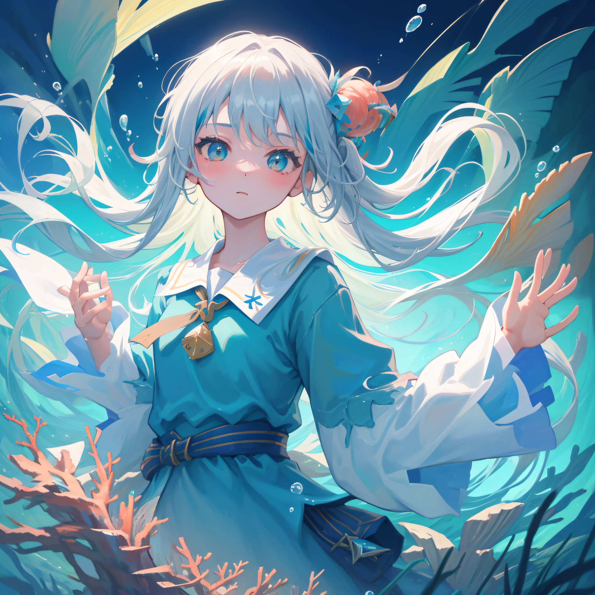 (人物: Gawr Gura),  (masterpiece:1.2), 1girl, solo, best quality, shiny skin, hyper detailed ultra high res, cute, looking at viewer, extremely detailed wallpaper, close up portrait, ((underwater)),(beautiful detailed water),((coral)),dynamic angle, floating,(detailed light),floating hair,(splash),((fishes)),leaves dress, feather, nature,(sunlight),(underwater forest),(bloom),(detailed glow),drenched, seaweed, fish,(((Tyndall effect)))