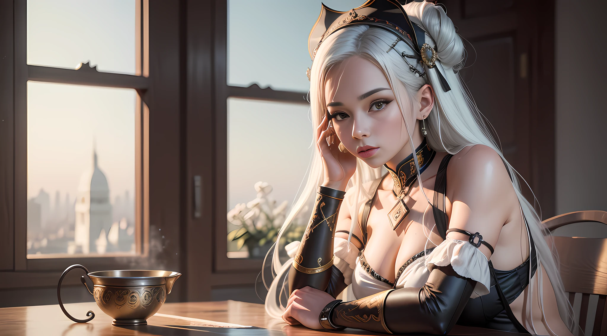 There is a woman in a headdress sitting at a table, Guvitz's masterpiece, Guvitz, a work of art in the style of Guvitz, shot on the Canon EOS R 6, white-haired Tifa Lockhart, inspired by Lan Ying, wlop and Sakimichan, popular on CGSTATION, by Leng Mei, inspired by Li Fangying, aesthetic, realistic