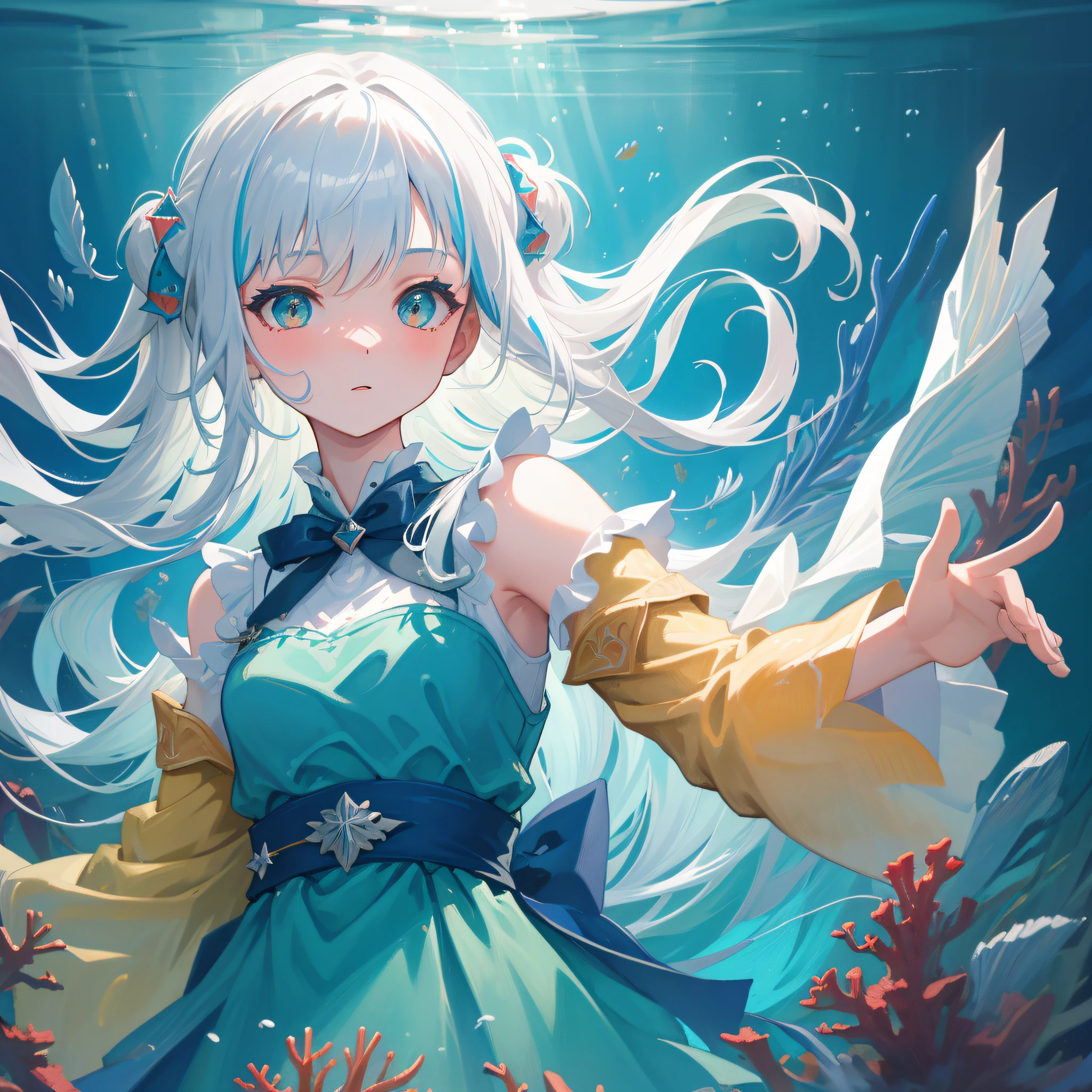 (人物: Gawr Gura),  (masterpiece:1.2), 1girl, solo, best quality, shiny skin, hyper detailed ultra high res, cute, looking at viewer, extremely detailed wallpaper, close up portrait, ((underwater)),(beautiful detailed water),((coral)),dynamic angle, floating,(detailed light),floating hair,(splash),((fishes)),leaves dress, feather, nature,(sunlight),(underwater forest),(bloom),(detailed glow),drenched, seaweed, fish,(((Tyndall effect)))