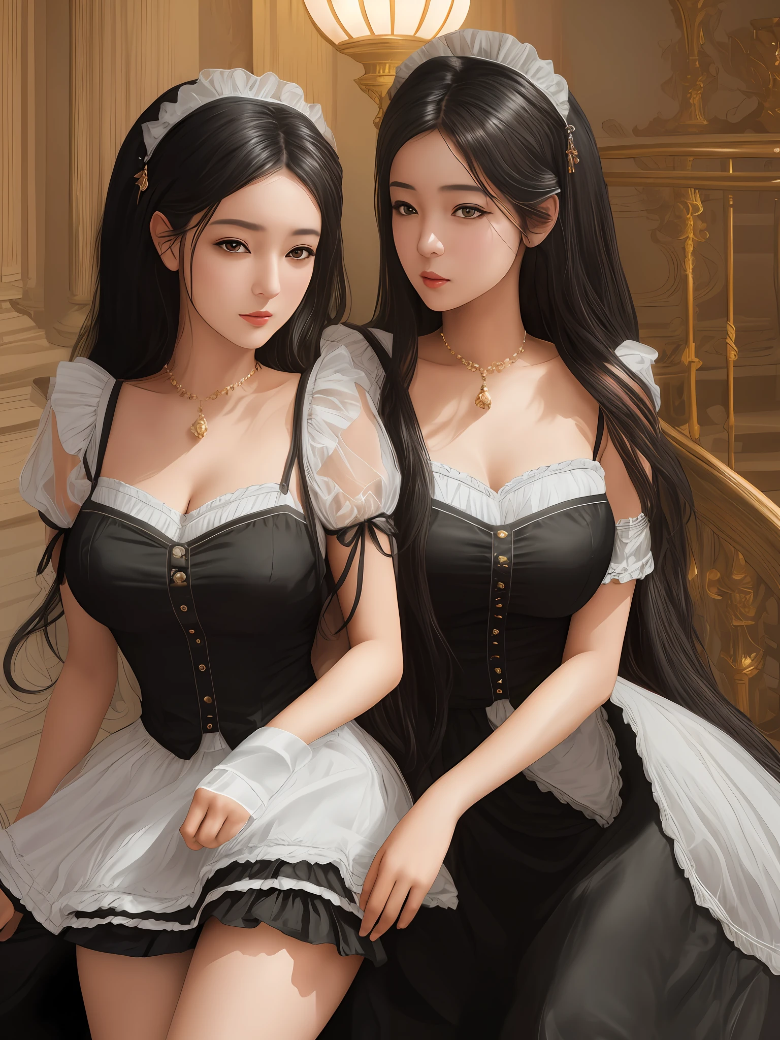 best quality, ultra high res, (photorealistic:1.4), 2girl, (intricate maid clothes:1), curvy, large breasts, black hair, looking at viewer,,