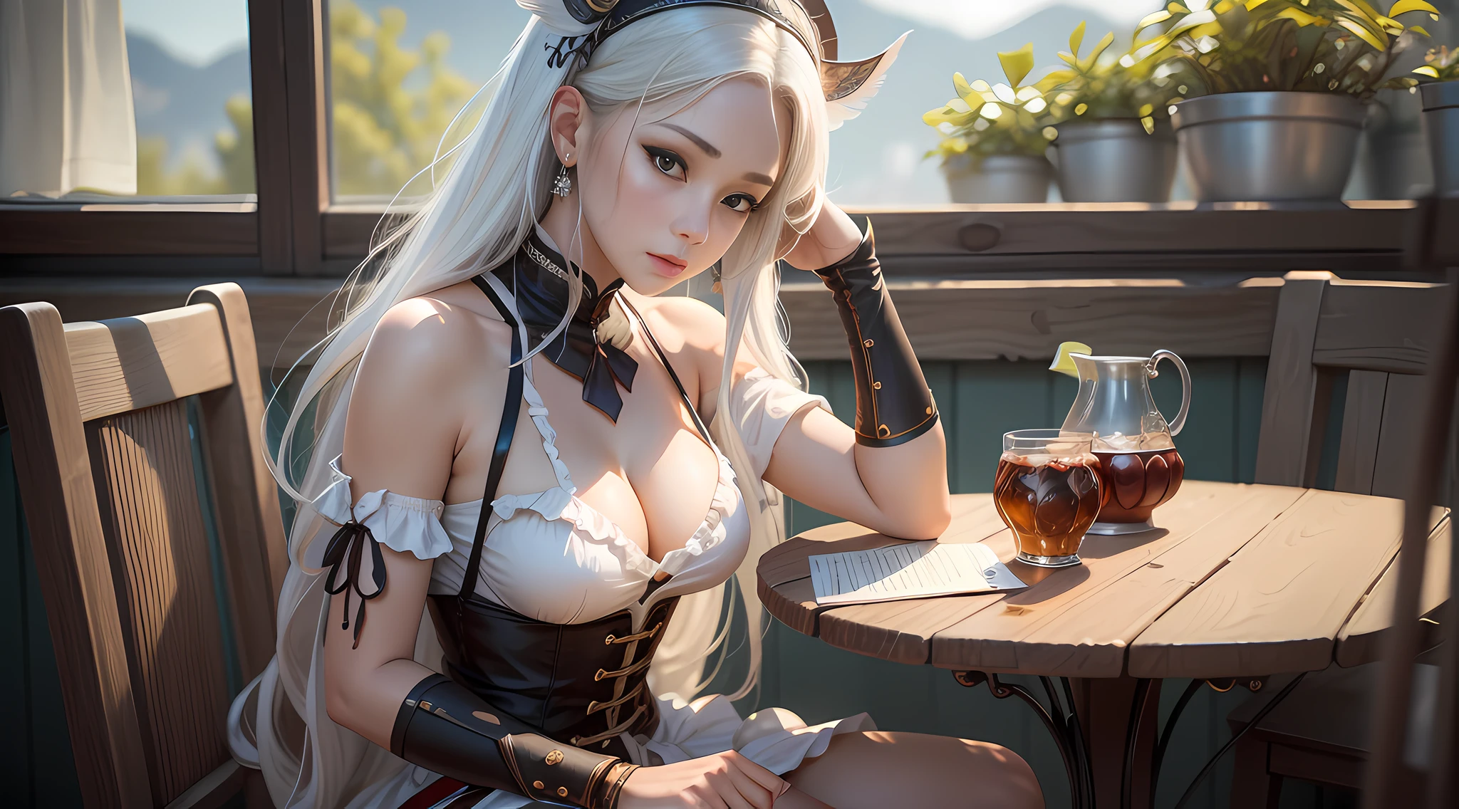 There is a woman in a headdress sitting at a table, Guvitz's masterpiece, Guvitz, a work of art in the style of Guvitz, shot on the Canon EOS R 6, white-haired Tifa Lockhart, inspired by Lan Ying, wlop and Sakimichan, popular on CGSTATION, by Leng Mei, inspired by Li Fangying, aesthetic, realistic