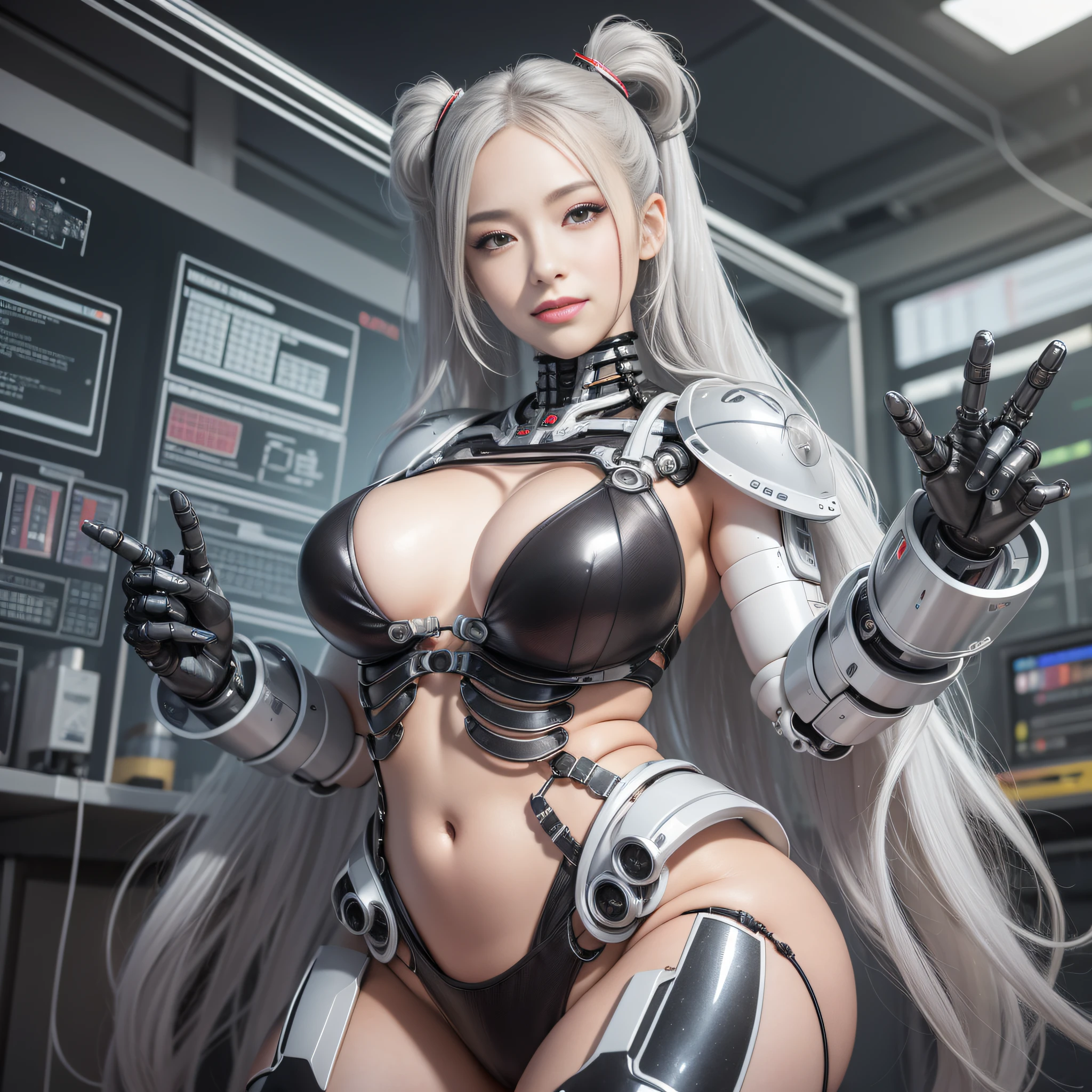 Beautiful Face,face is Japan, 1 Woman, Big, Curvaceous, (16k, RAW photo, top quality, masterpiece: 1.2), (HDR, Realistic, Photorealistic: 1.37) (tube attached to the body), (Bikini Cyborg robot parts)))), (light gray hair), Long hair, Wavy hair, Twin tails, Medium shot, ( Seductive smile)), (black eyes), princess cut,from below,(whole body),posing,,in the lab,( tube connected to blood vessel),((mechanical vertebrae attached to the back)),((mechanical neck attached to the neck)),(wire cable attached to the head and body),(character focus),science fiction,perfect female figure,perfect anatomy,ultraanatomy, Full body shot, up to 4 fingers and 1 thumb relationship,