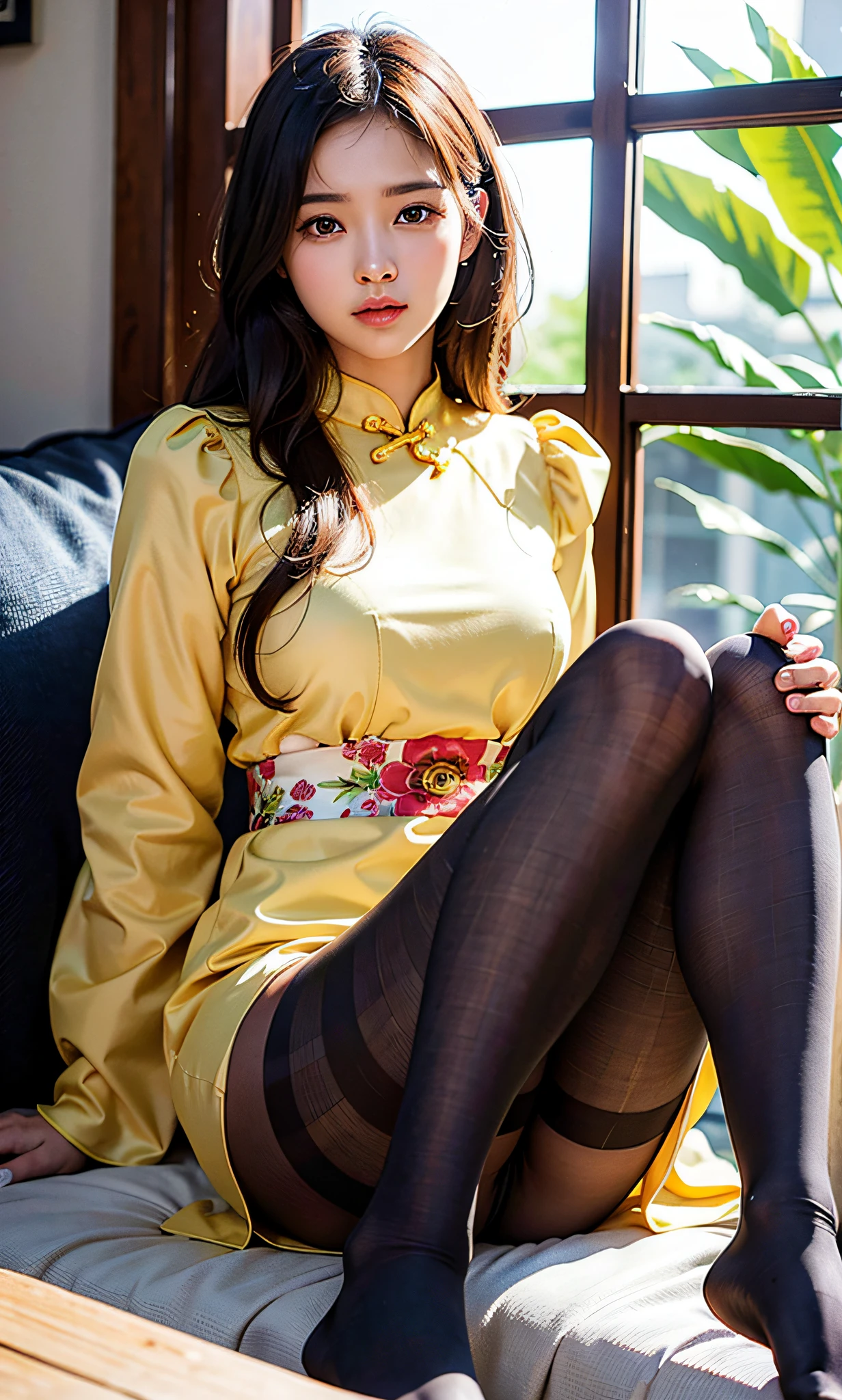 ulzzang-6500-v1.1, (Raw photo:1.2), (Photorealistic:1.4), Beautiful detailed girl, Very detailed eyes and face, Beautiful detailed eyes, Ridiculous, Incredibly ridiculous, Huge file size, Ultra detailed, High Resolution, Very detailed, Best quality, Masterpiece, ((cheongsam)), Illustration, Very detailed, CG, Unification, 8k wallpaper, amazing, fine details, top quality, highly detailed cg unified 8k wallpaper, face lights, movie lighting, 1 girl, , (without panties)), (dynamic pose))), (camel toe), (half), (pantyhose), (sitting with knees and legs bent)) kimono