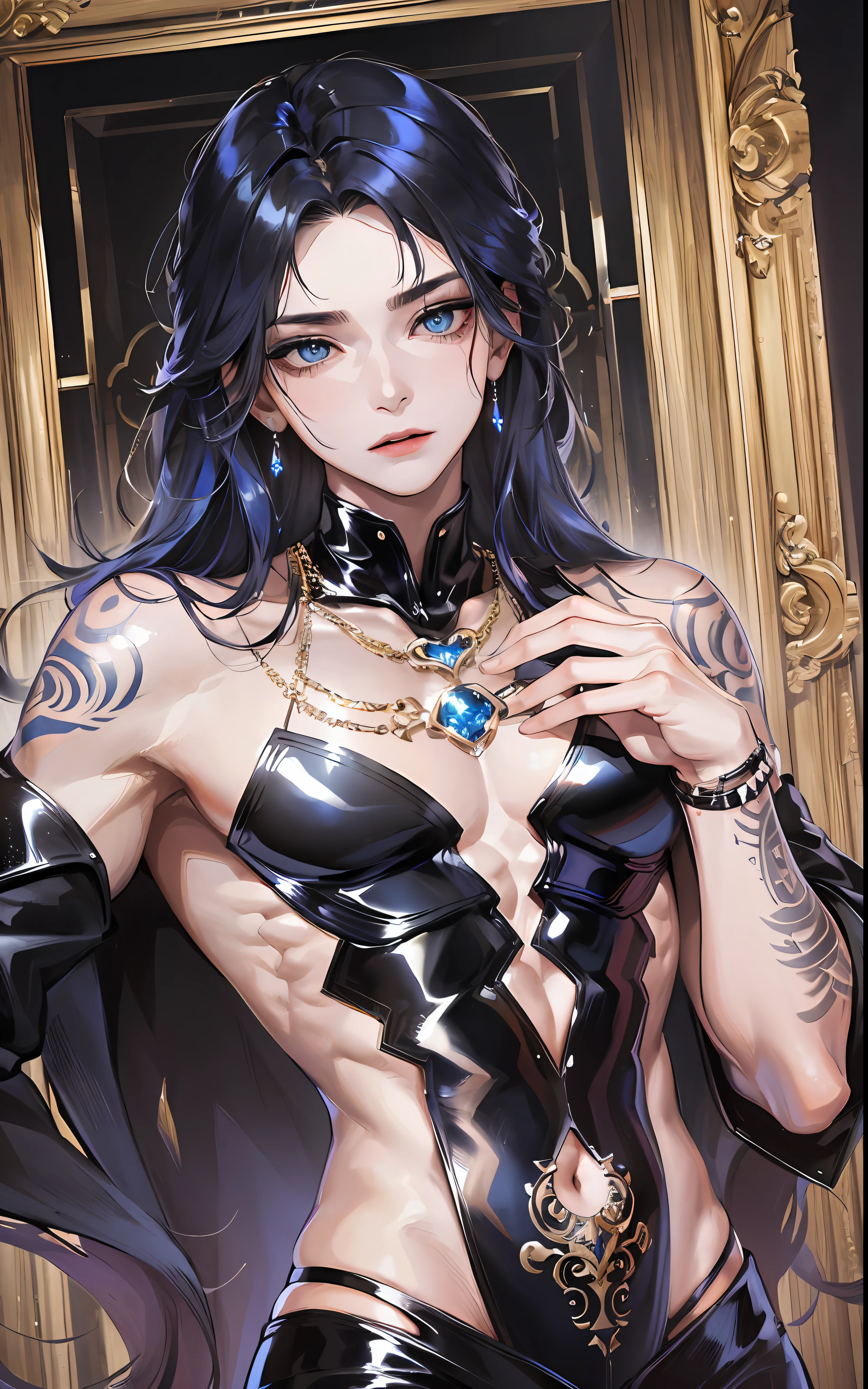 man, masculine, masculine face, attractive, muscular, ((1man)), masterpiece, absurdres, best quality ,intricate details , (shiny skin, shiny body, shiny oily luster skin, shiny hair, pale skintone), Sundown, attractive, ((muscular)), adult, one, tattoo in his chest ,black blouse, earrings, black pants, Don't look at the view , Not looking at the view, blue long hair, perfect detailed face, perfect detailed hands, vampire, blue eyes, ((MLS)), medium large shoot