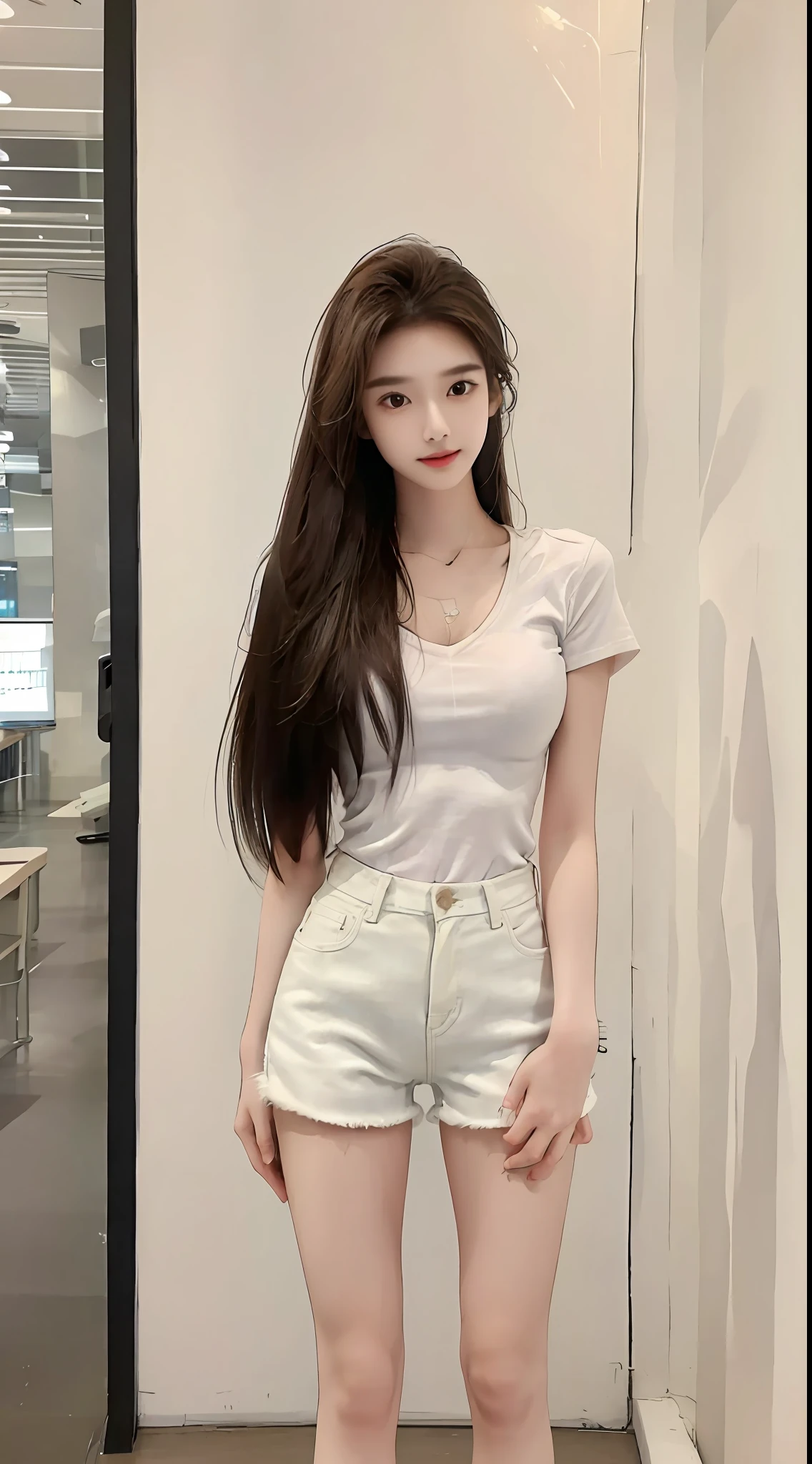 realistic, high resolution, 1 girl, long hair, korean,loose white shirt, skinny denim shorts,, thighs,