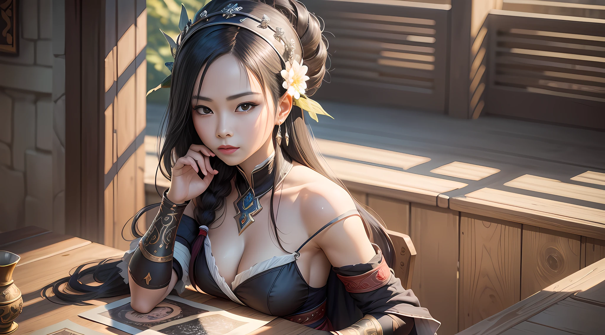 There is a woman in a headdress sitting at a table, inspired by Lan Ying's character portrait, popular in CG society, realism, Guvez masterpiece, Guvez style artwork, shot on Canon EOS R 6, gray-haired Tifa Lockhart, WLOP and Sakimichan, popular on CGSTATION, aesthetic, realistic