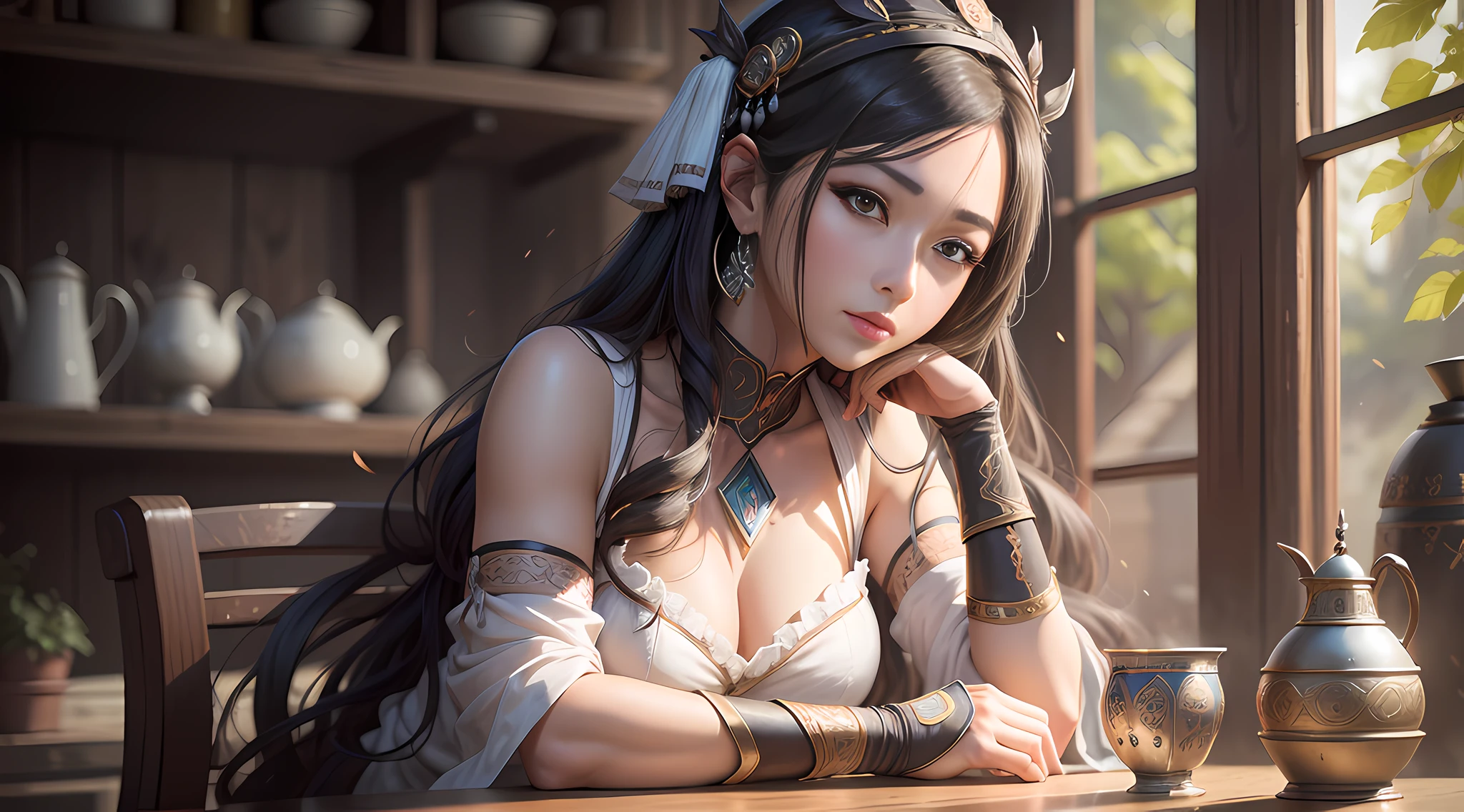 There is a woman in a headdress sitting at a table, inspired by Lan Ying's character portrait, popular in CG society, realism, Guvez masterpiece, Guvez style artwork, shot on Canon EOS R 6, gray-haired Tifa Lockhart, WLOP and Sakimichan, popular on CGSTATION, aesthetic, realistic