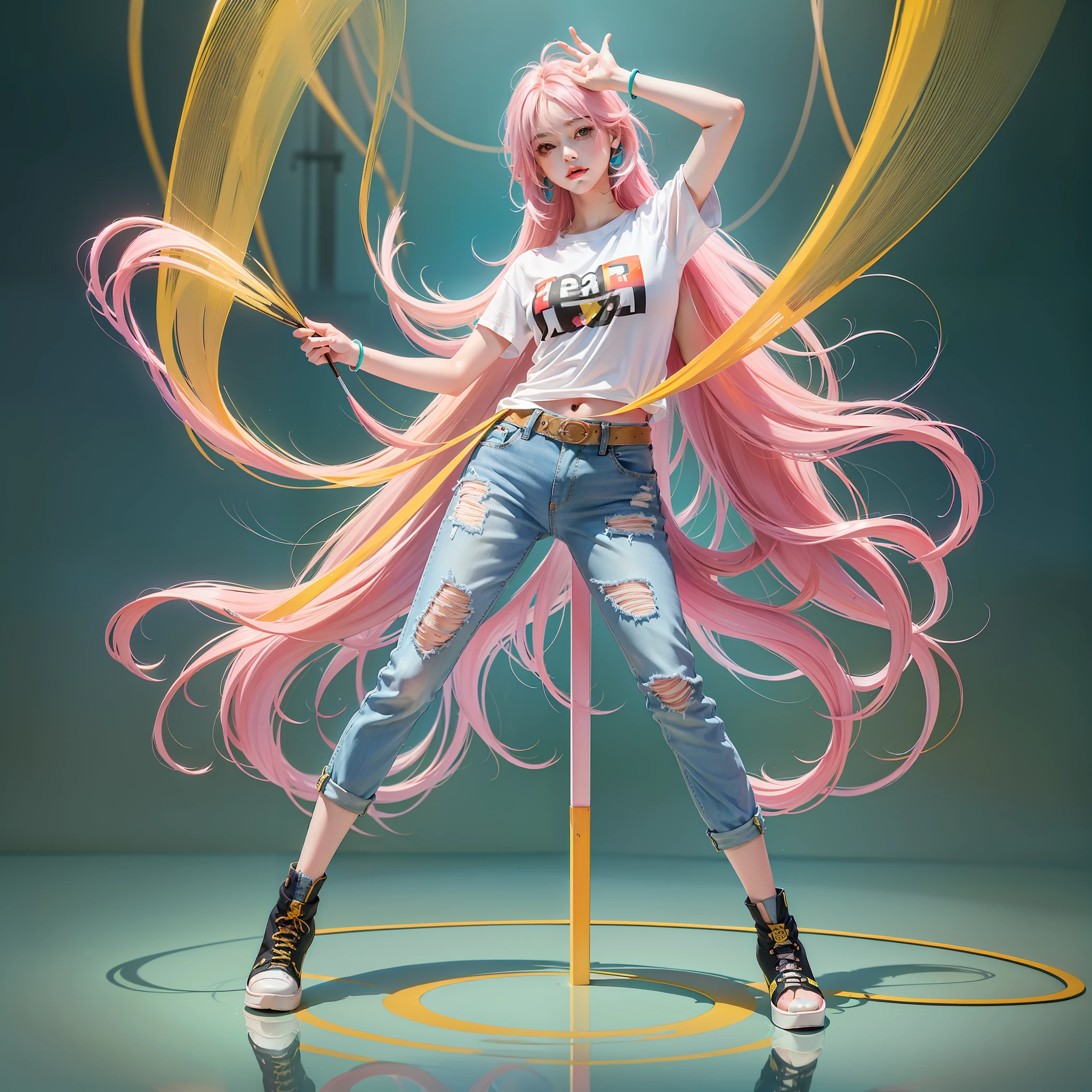 (Masterpiece of best quality), (extremely complex: 1.2), absurd, 1girl, delicate facial features, delicate face, peerless beauty, bright colors, bright light, solo, full body photo, full body on display, standing on the beach, thick thighs, slender calves, slender legs, chopstick legs, big eyes, orange lipstick, silver turquoise bangs, especially long hair, long hair, hair all on display, pink, gradient hair, {neon pink hair, baby pink hair, baby blue hair, Tender green hair, tender yellow hair,}, glowing hair, ((((colored paint wall background))), (((looking at the audience, facing the masses)))), black eyes, (((((ultra-short jeans)))), ((loose white T-shirt))), (color splash), standing painting, acrylic paint, highest quality, highest quality, masterpiece, depth of field, delicate and moist skin cute girl, absolutely beautiful, charming, shiny, perfect, ultra-clear, 16k, golden ratio body, ((((full body)))), from the bottom up, long legs, slender legs, beautiful legs,