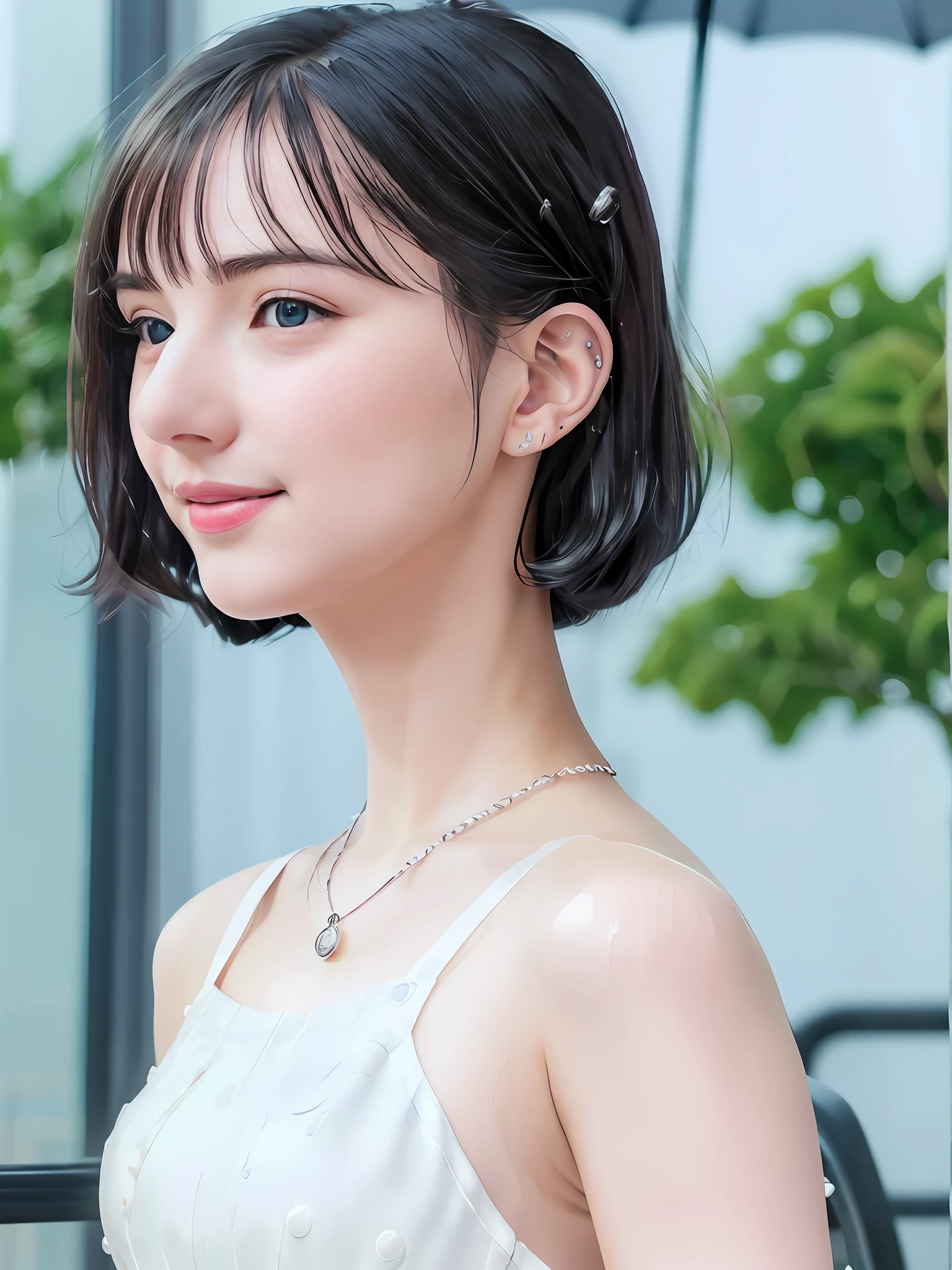 (8k, best quality, masterpiece:1.2), (realistic, photo-realistic:1.37), ultra-detailed, 1 girl, cute, solo, beautiful detailed sky, detailed cafe, night, sitting, dating, (nose blush), (smile:1.15), (closed mouth) medium breasts, beautiful detailed eyes, topless, night, wet, rain, white lace, (short hair:1.2), floating hair NovaFrogStyle,