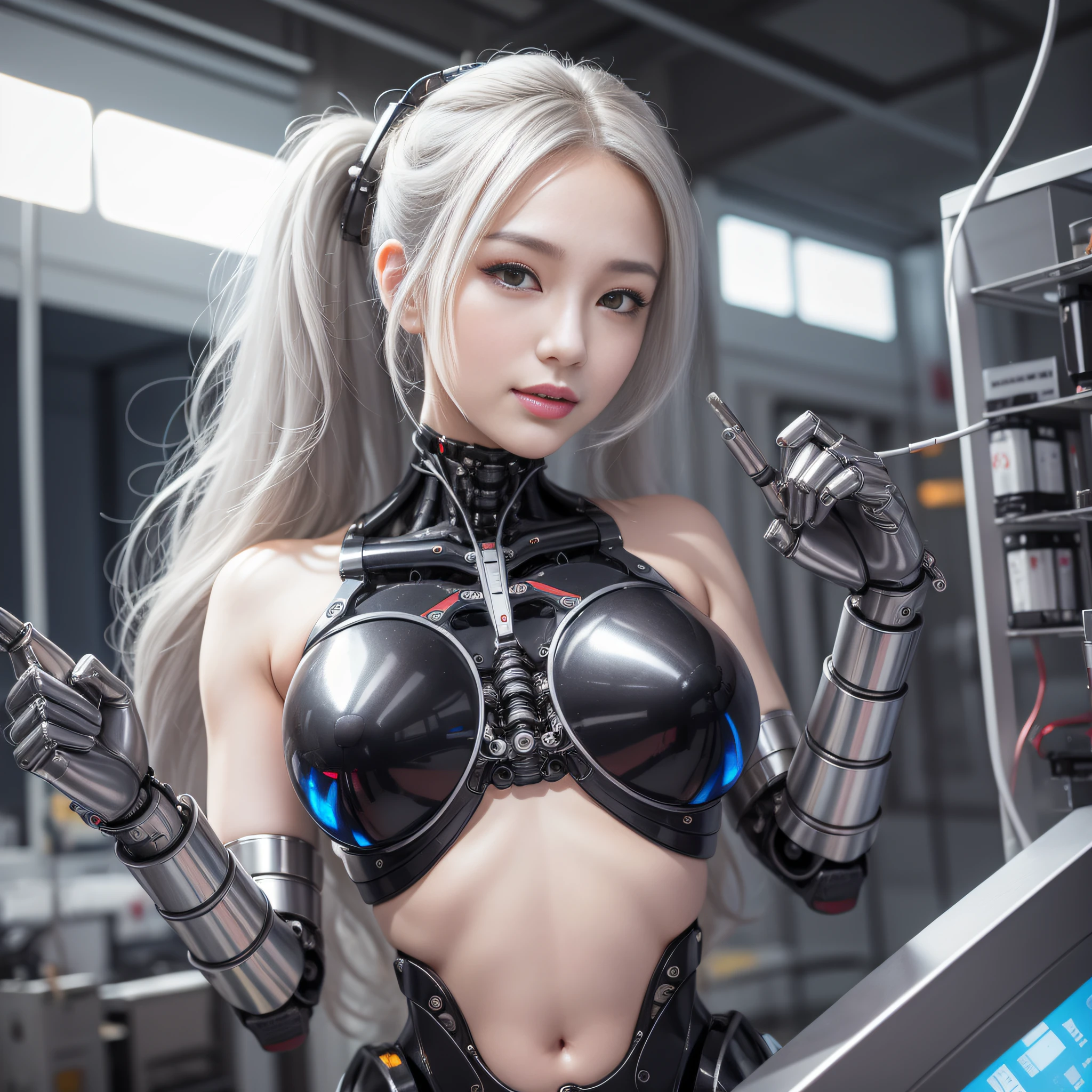 Beautiful Face,face is Japan, 1 Woman, Big, Curvaceous, (16k, RAW photo, top quality, masterpiece: 1.2), (HDR, Realistic, Photorealistic: 1.37) (tube attached to the body), (Bikini Cyborg robot parts)))), (light gray hair), Long hair, Wavy hair, Twin tails, Medium shot, ( Seductive smile)), (black eyes), princess cut,from below,(whole body),posing,,in the lab,( tube connected to blood vessel),((mechanical vertebrae attached to the back)),((mechanical neck attached to the neck)),(wire cable attached to the head and body),(character focus),science fiction,perfect female figure,perfect anatomy,ultraanatomy, Full body shot, up to 4 fingers and 1 thumb relationship,