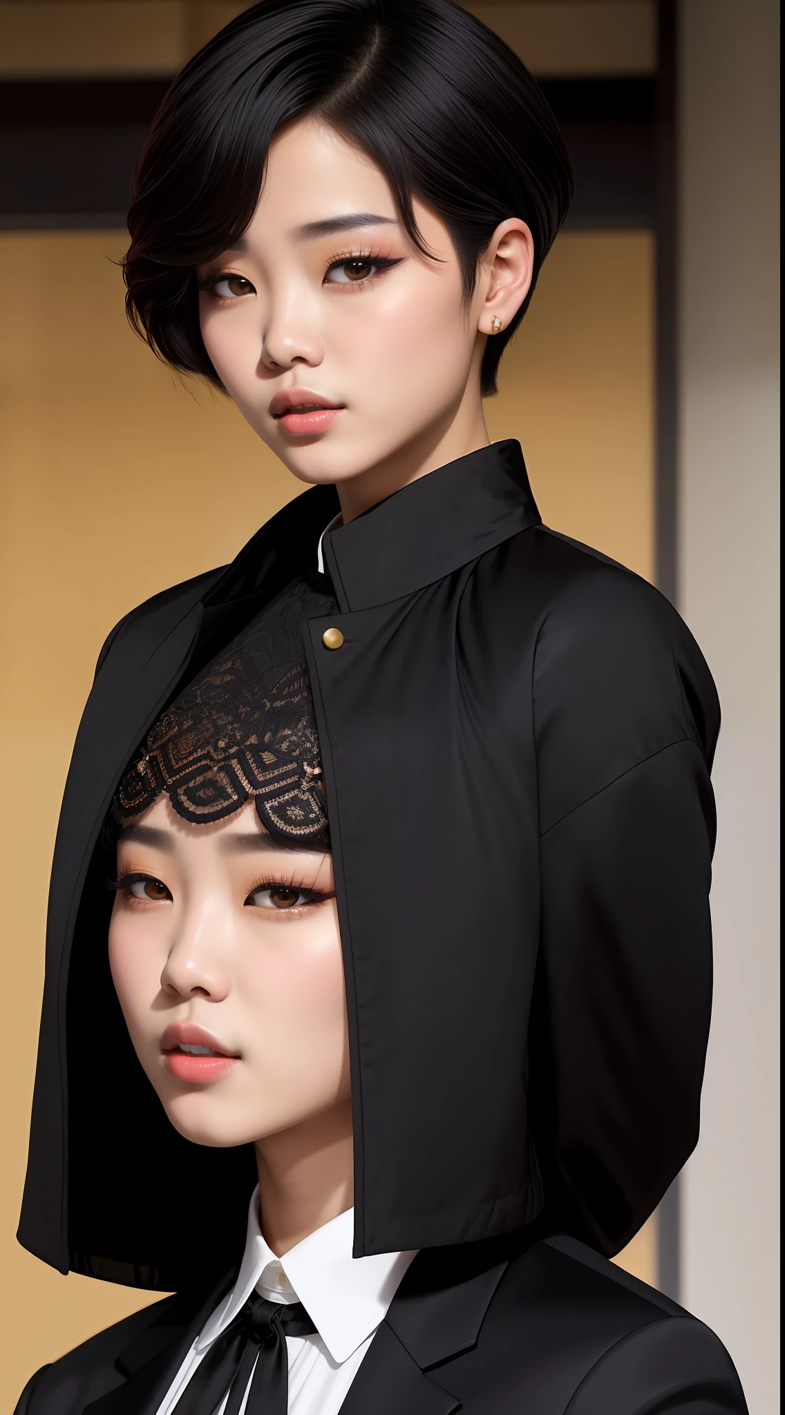 araffe asian woman with short hair and a black jacket, young wan angel, jimin\'s grecian nose, accurate jimin face, jimin\'s plump lips, wan adorable korean face, jimin\'s right eyelid swollen, park jimin, jimin, yanjun chengt, beautiful androgynous prince, realistic. cheng yi, delicate androgynous prince