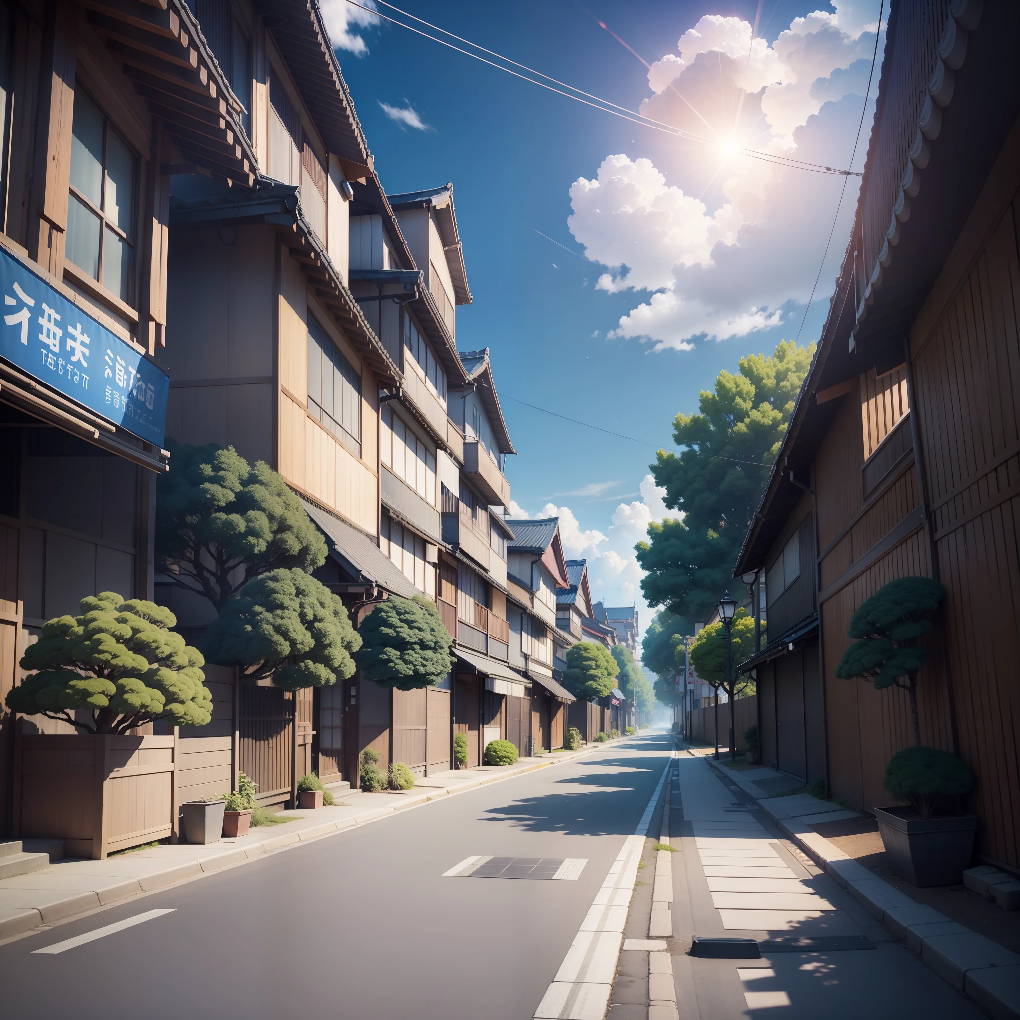 japan street, blue sky, hot weather, masterpiece, best quality, masterpiece, best quality, official art, extremely detailed CG unity 8k, HD detail, hyperdetail, cinematic, surrealism, soft light, deep field focus bokeh ray tracing and surrealism.