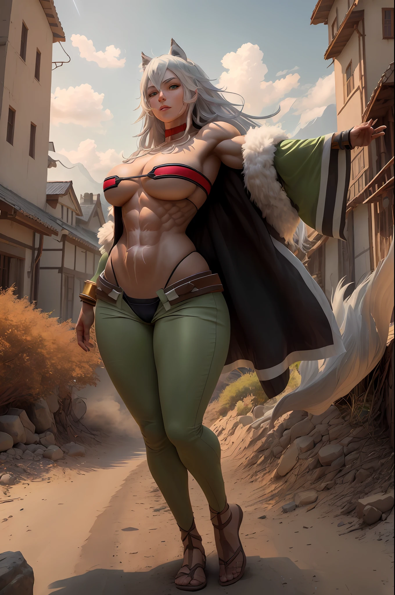 (masterpiece, high resolution, photo-realistic:1.3), Ghislaine from Mushoku Tensei, enhanced physique, increased muscle mass and strength, (goddess-like figure:1.2), well-defined muscles throughout her body, (ample bosom, toned legs, and rounded buttocks:1.1), radiant and empowering presence, confidence exuding from her expression, (revealing attire:1.2), barely covering her form, showcasing her sculpted physique, mesmerizing aura, divine glow, (captivating green eyes:1.2), flowing hair, regal adornments, mythical backdrop, ethereal clouds, sacred symbols, heavenly atmosphere, captivating lighting, intense energy, dynamic pose, goddess of strength and beauty, commanding attention with her imposing and alluring presence. With the use of depth of field (DOF), super-resolution, and high megapixel rendering, every element comes to life with cinematic lightning and anti-aliasing techniques like FKAA, TXAA, and RTX. The addition of SSAO (Screen Space Ambient Occlusion) and various post-processing effects in both post-production and tone mapping elevate the visual quality to a whole new level. With the use of depth of field (DOF), super-resolution, and high megapixel rendering, every element comes to life with cinematic lightning and anti-aliasing techniques like FKAA, TXAA, and RTX. The addition of SSAO (Screen Space Ambient Occlusion) and various post-processing effects in both post-production and tone mapping elevate the visual quality to a whole new level.