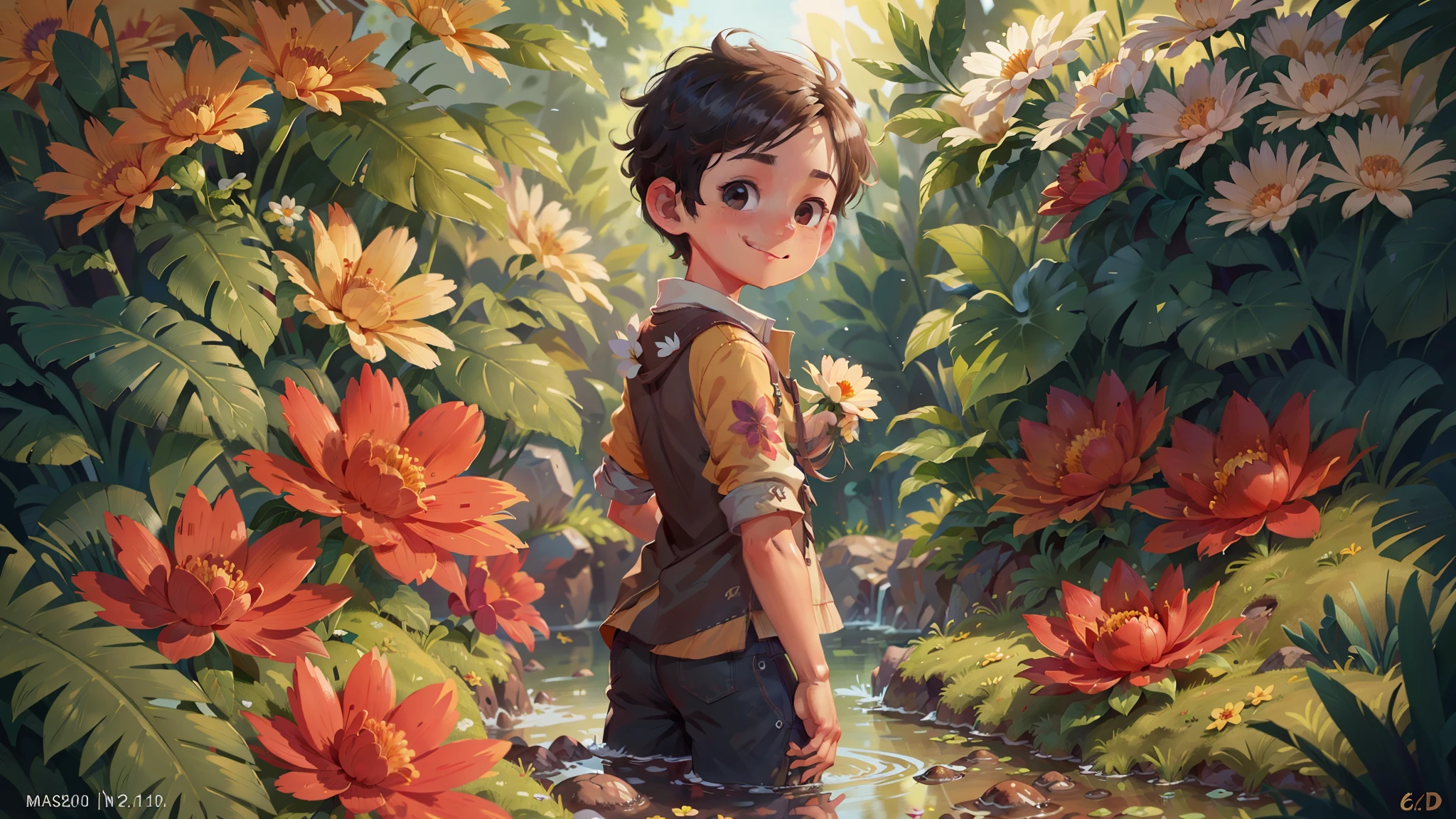 UHD, (HD resolution: 1.2), skin radiance, (best quality: 1.1), (masterpiece), (best quality), smile, (beautiful detailed face), (beautiful detail eyes), 8K, (a boy's back, right hand holding a flower behind his back))