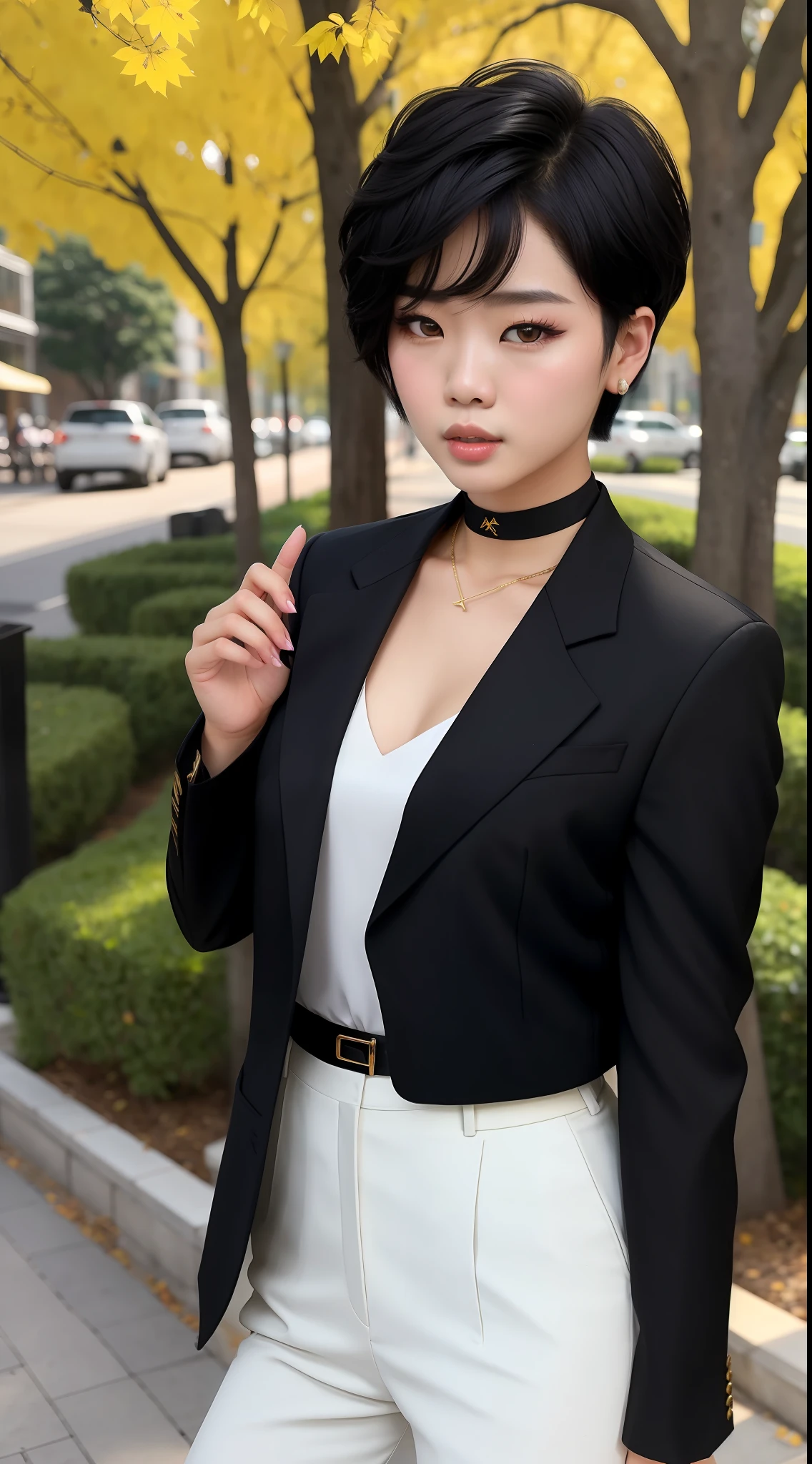 araffe asian woman with short hair and a black jacket, young wan angel, jimin\'s grecian nose, accurate jimin face, jimin\'s plump lips, wan adorable korean face, jimin\'s right eyelid swollen, park jimin, jimin, yanjun chengt, beautiful androgynous prince, realistic. cheng yi, delicate androgynous prince