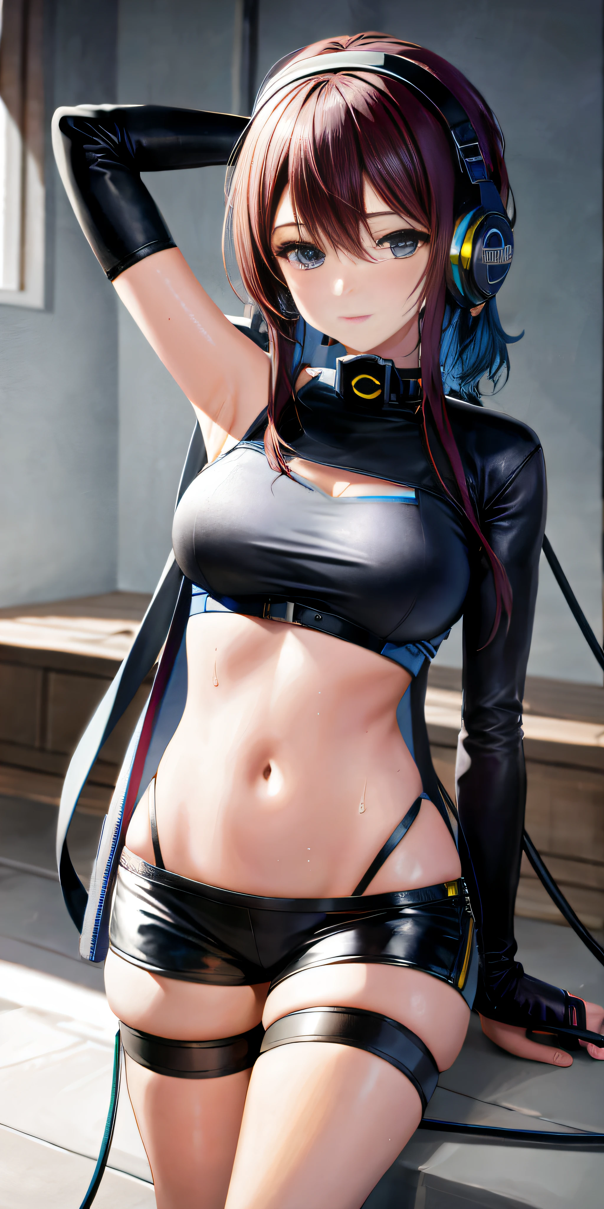Blue hair, detailed figure, leather top, (Dynamic Angle: 1.1), (Dynamic Pose: 1.1).