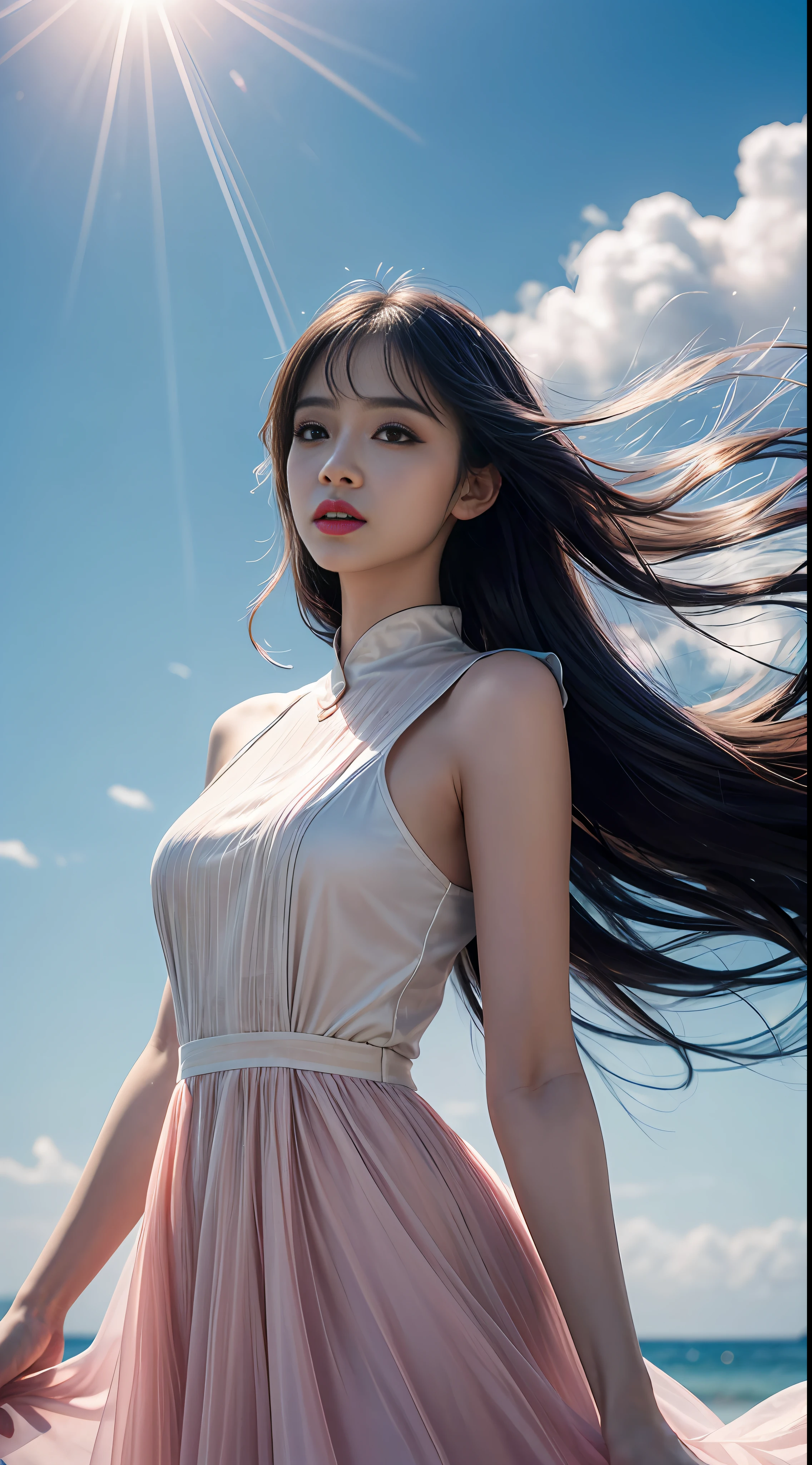(8k, RAW photo, photorealistic:1.25) ,( lip gloss, eyelashes, glossy side, shiny skin, best quality, super high resolution, depth of field, chromatic aberration, caustics, wide light, natural shadow, kpop idol) ,light pink style, 1girl, (sky witch: 1.5), tall and thin beauty goddess, flowing dress, conservative girl, cloud goddess, flowing reality fabric, wearing a flowing dress, realistic, blue sky in the background, (wind: 1.5), (whole: 1.5), yangmi