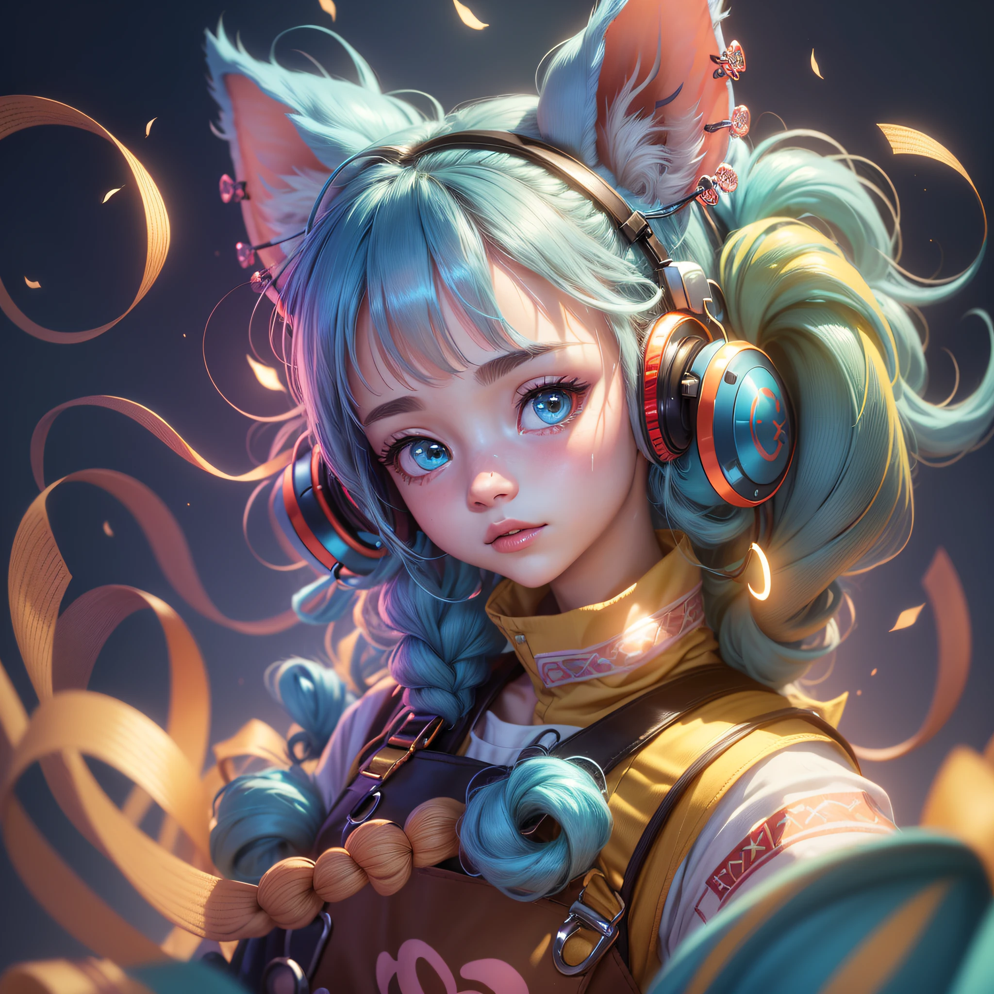 (Extremely detailed CG Unity 8k wallpaper, masterpiece, best quality, super detailed), (best lighting, best shadow, extremely delicate beauty), floating, sparkling eyes
	
[(Headbands, earrings, (cyan: 1.5|red: 1.2) braided pig's tail hair with kitten headphones, (light yellow: 1.3) overalls) :: 0.8] --auto --s2