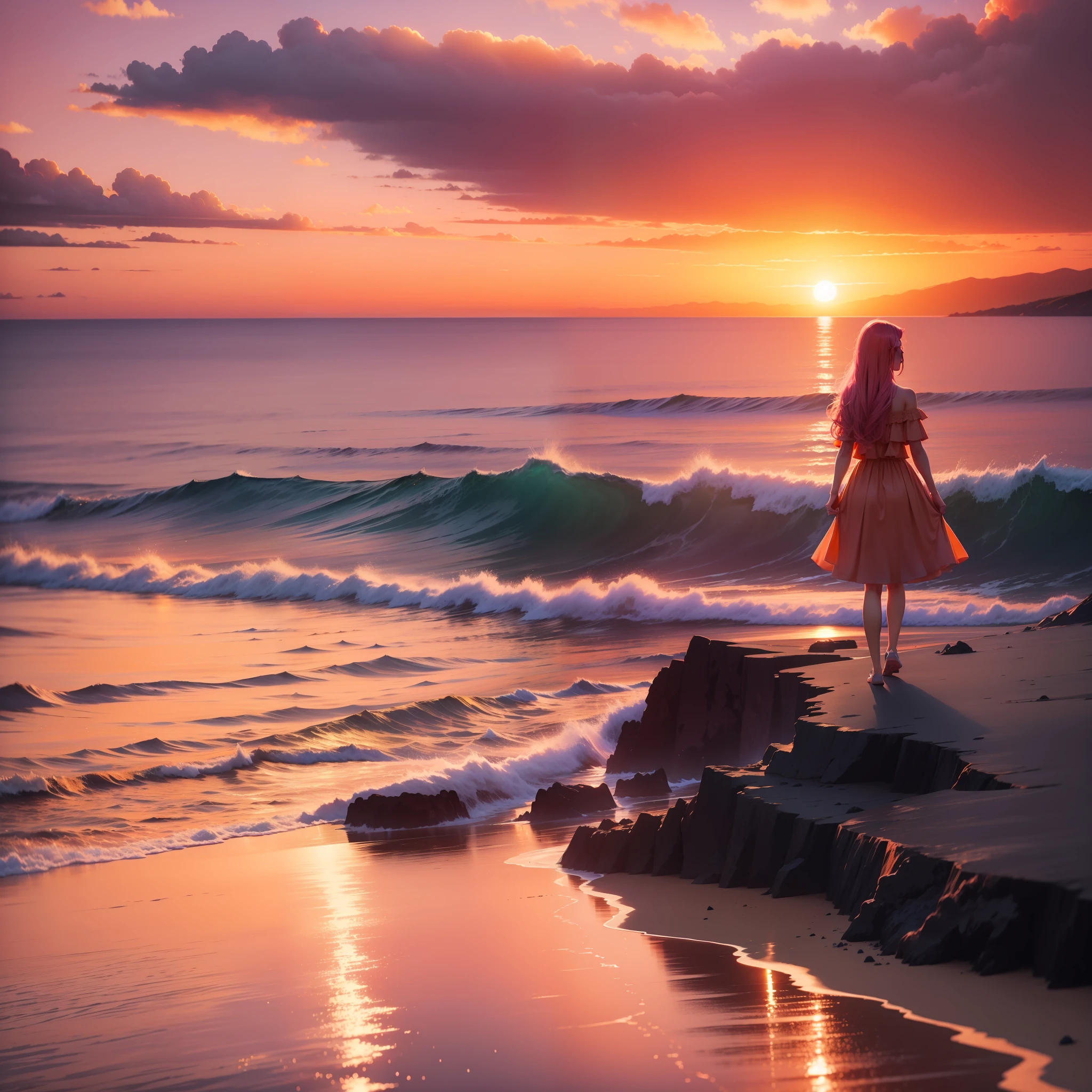 Twilight, pink sky, Orange clouds, Big sun, Nice horizon, Vast ocean, An island of love.