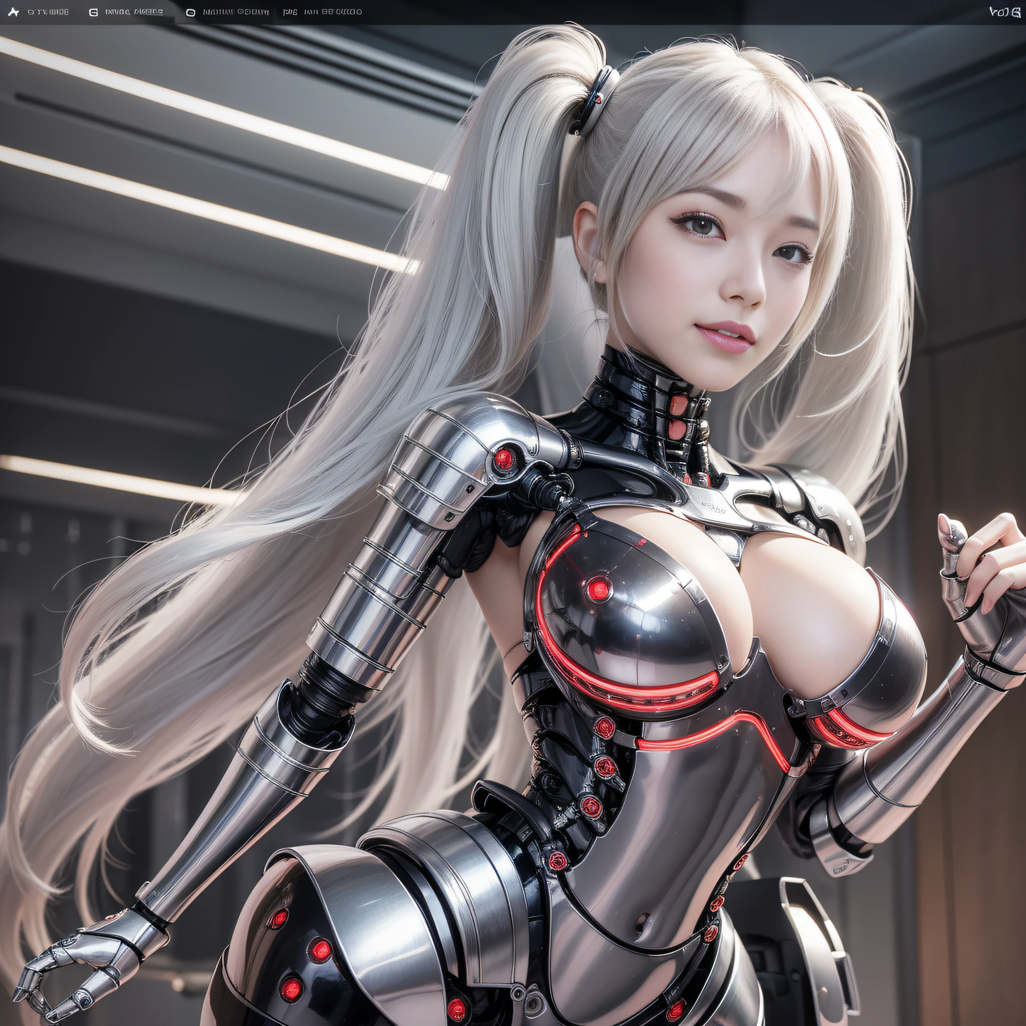 Beautiful Face,face is Japan, 1 Woman, Big, Curvaceous, (16k, RAW photo, top quality, masterpiece: 1.2), (HDR, Realistic, Photorealistic: 1.37) (tube attached to the body), (Bikini Cyborg robot parts)))), (light gray hair), Long hair, Wavy hair, Twin tails, Medium shot, ( Seductive smile)), (black eyes), princess cut,from below,(whole body),posing,,in the lab,( tube connected to blood vessel),((mechanical vertebrae attached to the back)),((mechanical neck attached to the neck)),(wire cable attached to the head and body),(character focus),science fiction,perfect female figure,perfect anatomy,ultraanatomy, Full body shot, up to 4 fingers and 1 thumb relationship,