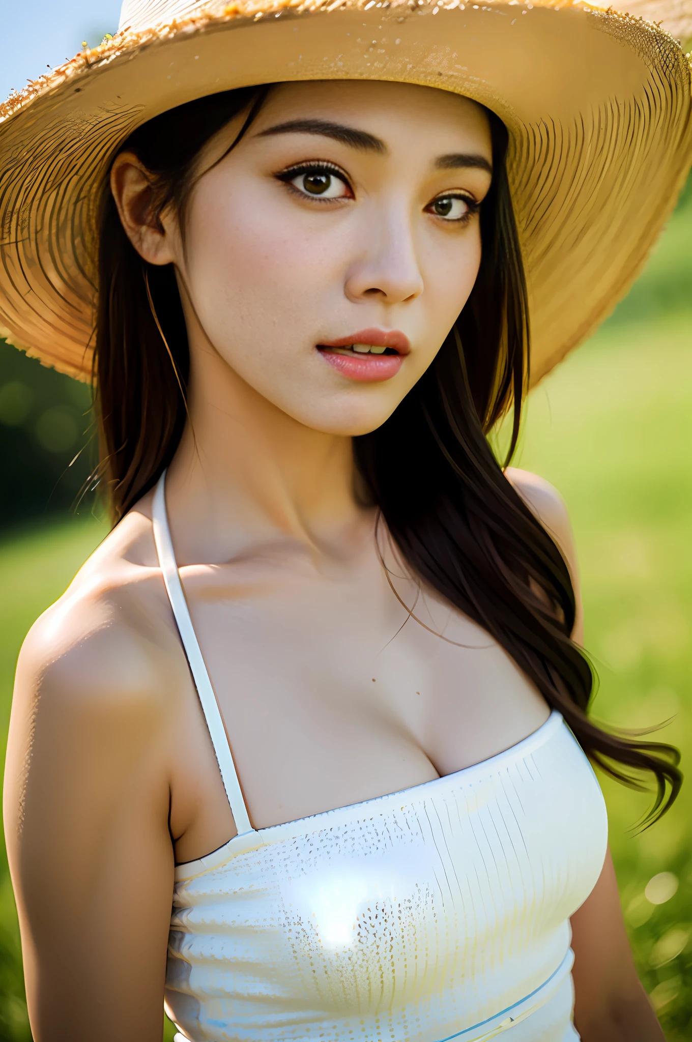 super realistic photograph, ultra sharp focus, extremly detailed body, detailed skin texture, Woman wearing hat and dress with flowers, feminine, shot by Canon 50mm f/1.2, portrait of very beautiful woman, straw hat, 8K