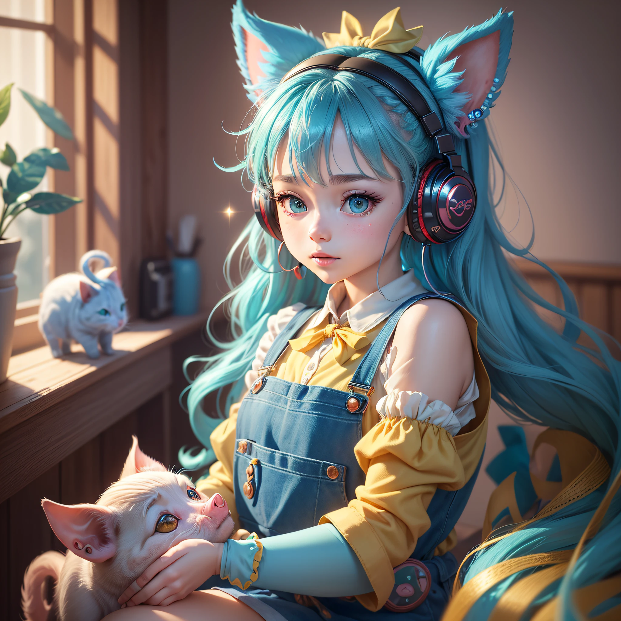 (Extremely detailed CG Unity 8k wallpaper, masterpiece, best quality, super detailed), (best lighting, best shadow, extremely delicate beauty), floating, sparkling eyes
	
[(Headbands, earrings, (cyan: 1.5|red: 1.2) braided pig's tail hair with kitten headphones, (light yellow: 1.3) overalls) :: 0.8] --auto --s2