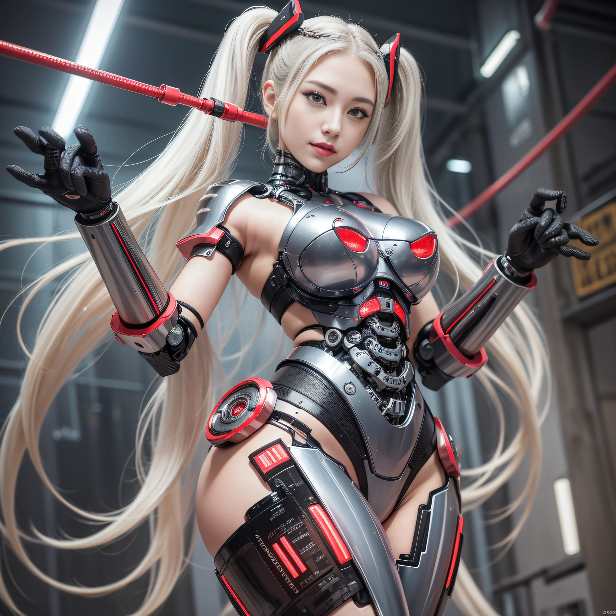 Beautiful Face,face is Japan, 1 Woman, Big, Curvaceous, (16k, RAW photo, top quality, masterpiece: 1.2), (HDR, Realistic, Photorealistic: 1.37) (tube attached to the body), (Bikini Cyborg robot parts)))), (light gray hair), Long hair, Wavy hair, Twin tails, Medium shot, ( Seductive smile)), (black eyes), princess cut,from below,(whole body),posing,,in the lab,( tube connected to blood vessel),((mechanical vertebrae attached to the back)),((mechanical neck attached to the neck)),(wire cable attached to the head and body),(character focus),science fiction,perfect female figure,perfect anatomy,ultraanatomy, Full body shot, up to 4 fingers and 1 thumb relationship,