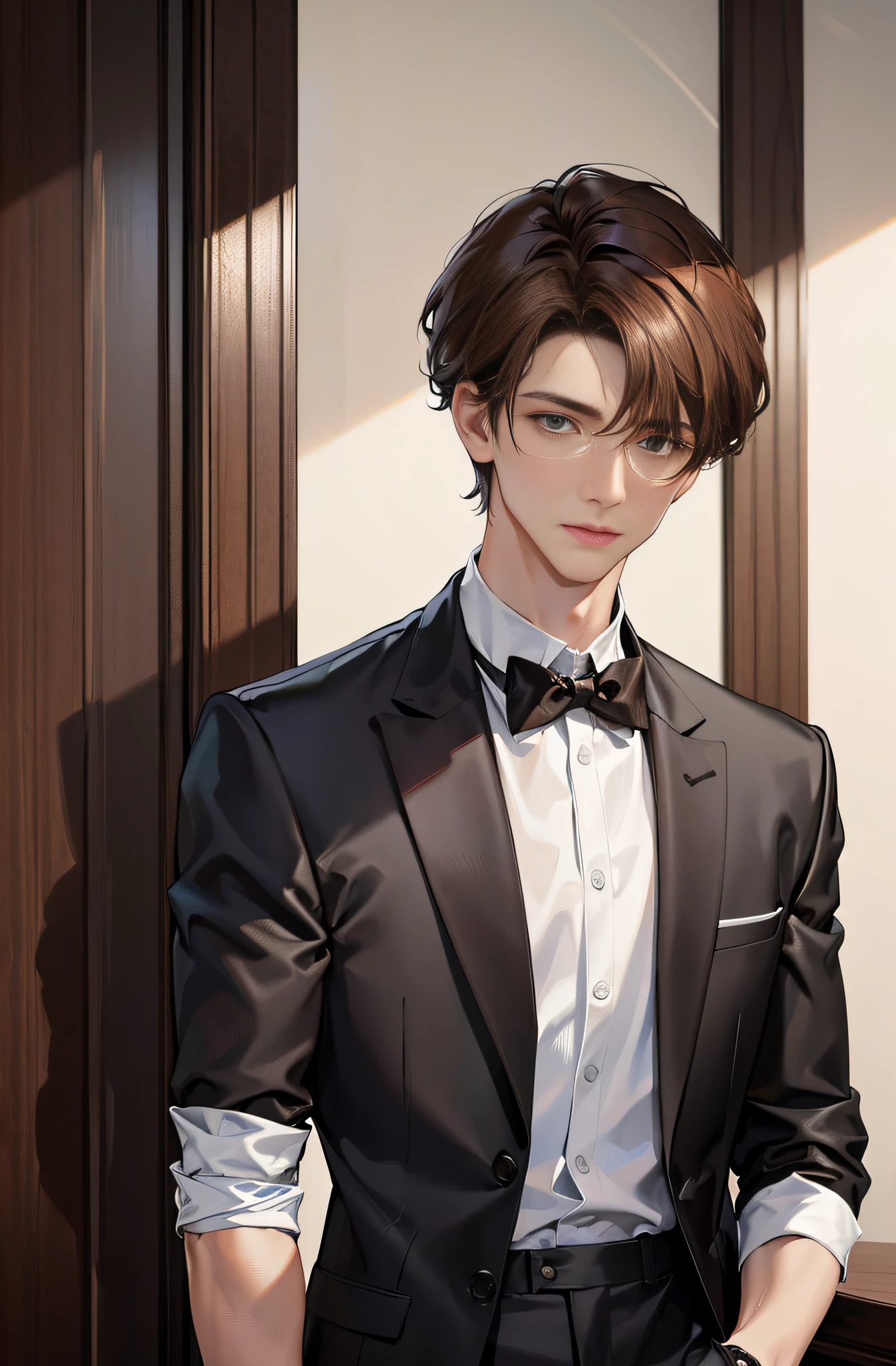 (High resolution, distinct_image) Superb male, Masterpiece, High detail, Half realistic, Short brown haired male, Brown hair, Short hair, Medium hair, 18 years old, Young, Tall and strong, Black and white clothes, Gray blue clothes, Student, College, Indoor background, chic, natural, handsome, autocratic, strong aura, exquisite facial features, facial features details, single player
