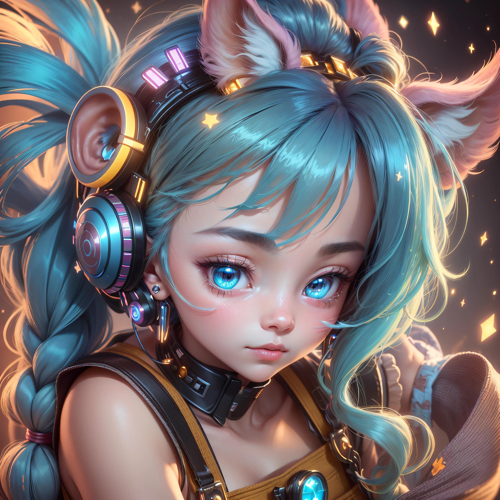 (Extremely detailed CG Unity 8k wallpaper, masterpiece, best quality, super detailed), (best lighting, best shadow, extremely delicate beauty), floating, sparkling eyes
	
[(Headbands, earrings, (cyan: 1.5|red: 1.2) braided pig's tail hair with kitten headphones, (light yellow: 1.3) overalls) :: 0.8] --auto --s2