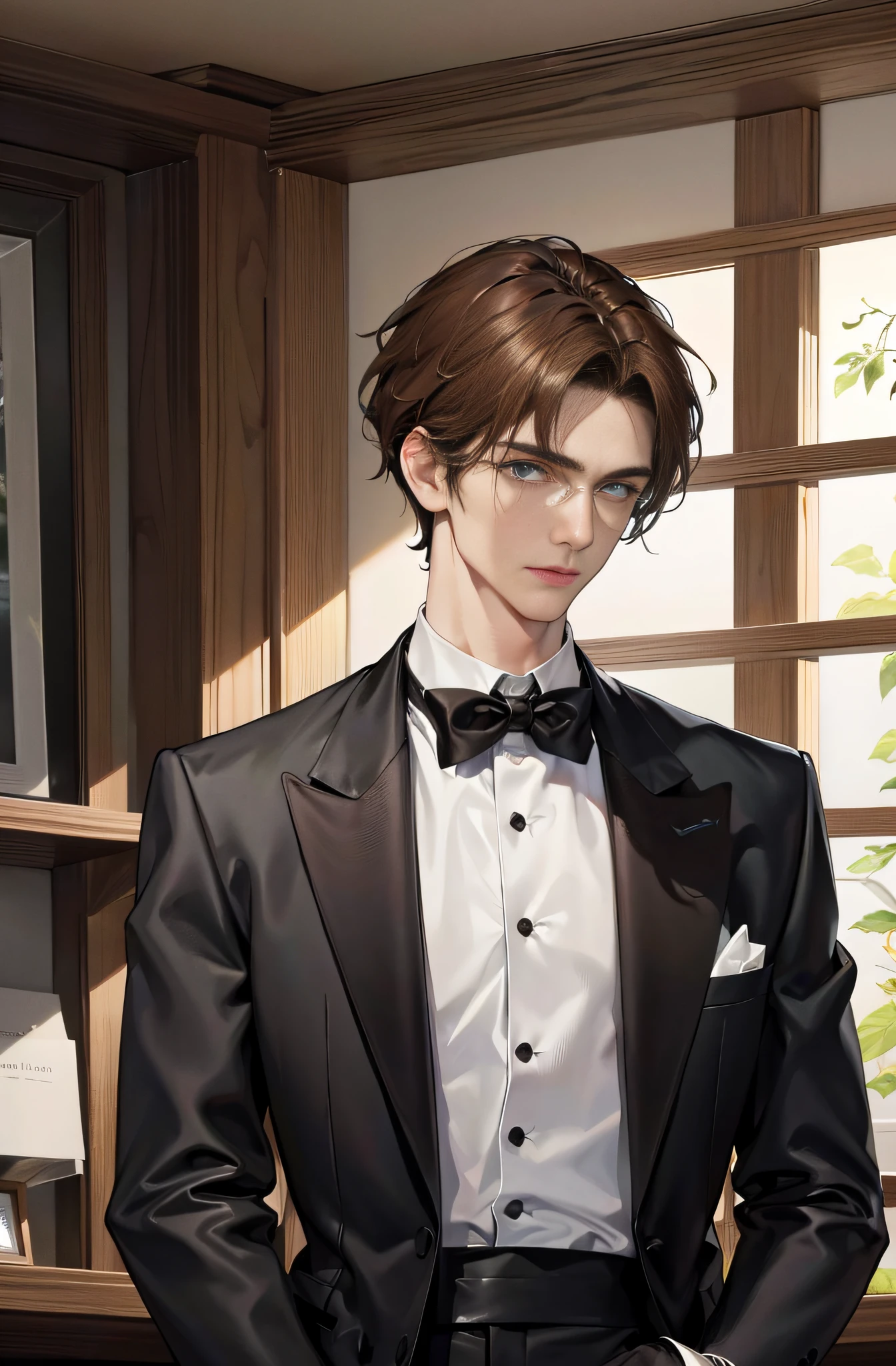 (High resolution, distinct_image) Superb male, Masterpiece, High detail, Half realistic, Short brown haired male, Brown hair, Short hair, Medium hair, 18 years old, Young, Tall and strong, Black and white clothes, Gray blue clothes, Student, College, Indoor background, chic, natural, handsome, autocratic, strong aura, exquisite facial features, facial features details, single player