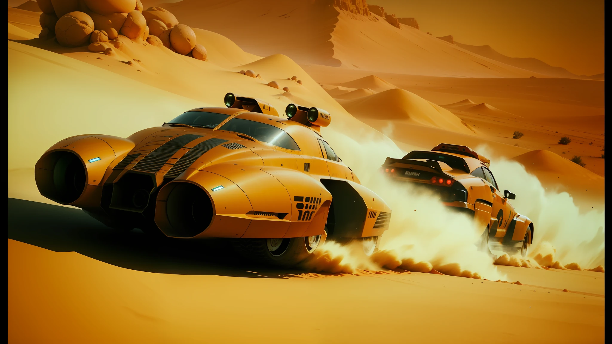 there are two vehicles that are driving on a desert road, film still from movie dune-2021, in screenshot from the 300 movie, flying spaceships in background, orange color scheme, water world, toonami, zoom blur, ultra wide gameplay screenshot