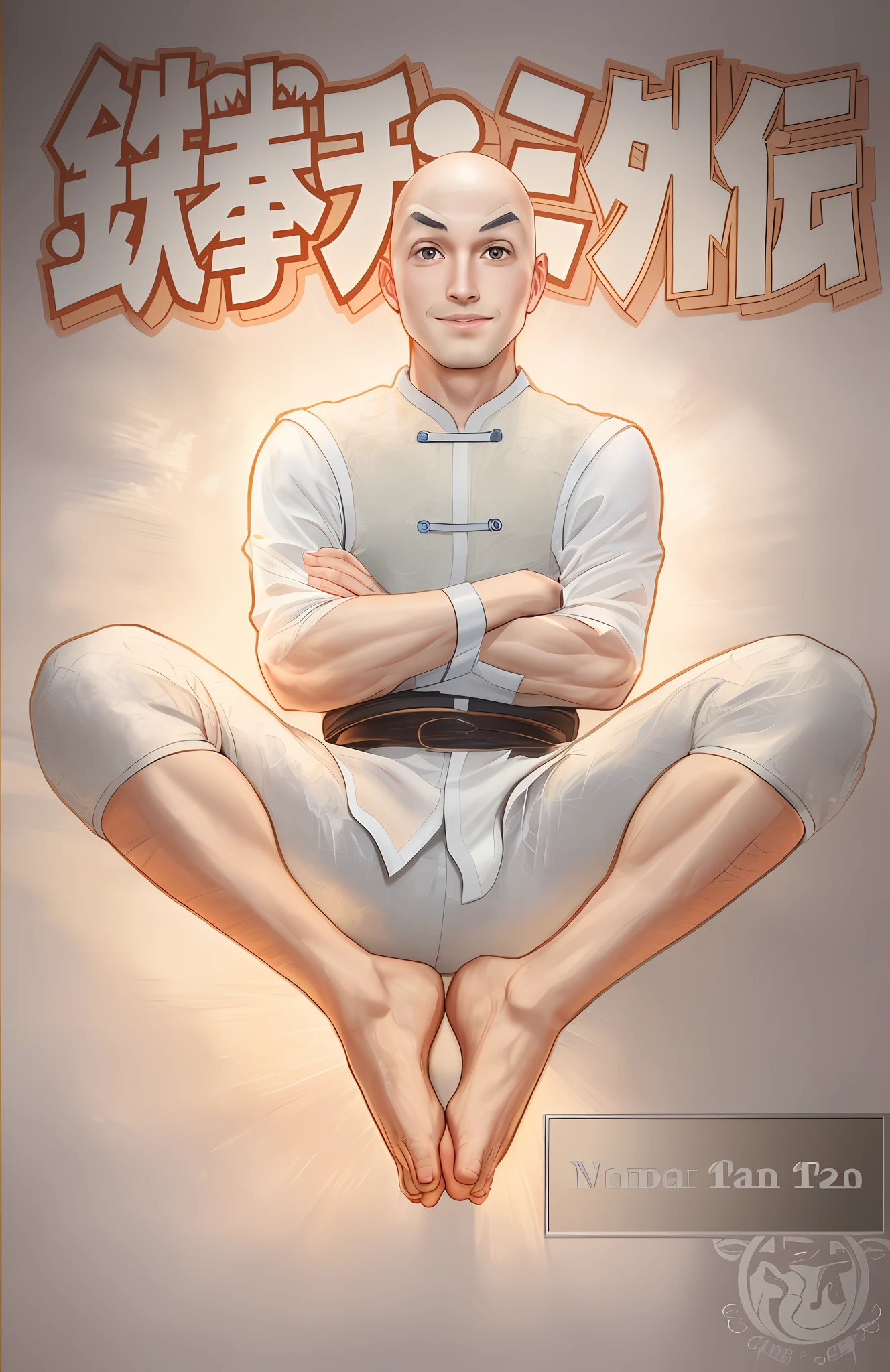 A photo of oppav3, (masterpiece, ultra quality, high resolution, 8k, intricate: 1.2), (detailed face:1.2), handsome, Young man ,white skin, double eyelids , detailed skin, 1boy, ((realistic)), abs, good lighting quality, muscle veins, ((pale skin)), flexing, waking up, morning, no mustache, bald man,