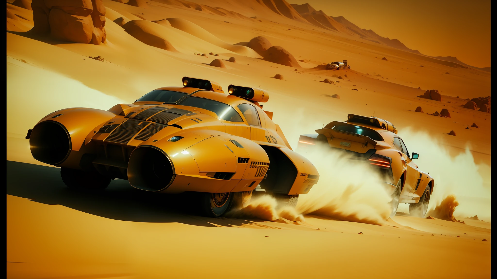 there are two vehicles that are driving on a desert road, film still from movie dune-2021, in screenshot from the 300 movie, flying spaceships in background, orange color scheme, water world, toonami, zoom blur, ultra wide gameplay screenshot