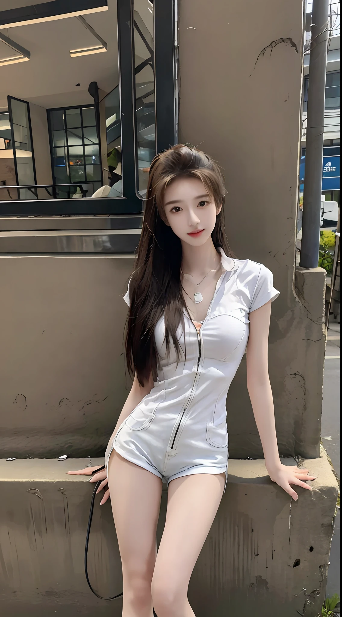 Realistic, high resolution, 1 girl, long hair, Korean, loose white shirt, skinny denim shorts, thighs, on the street