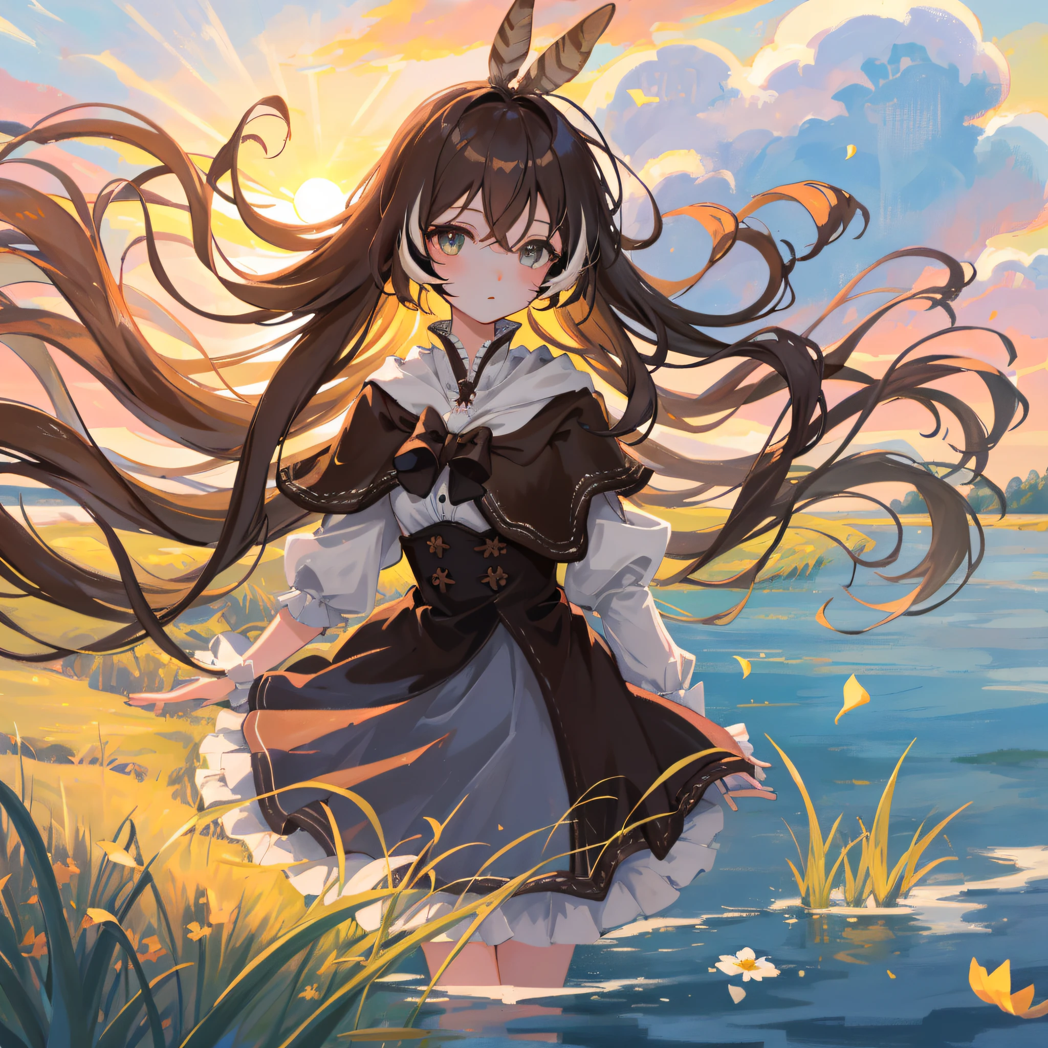 (人物: Nanashi Mumei), {brown hair}, (masterpiece:1.2), 1girl, solo, best quality, shiny skin, hyper detailed ultra high res, cute, looking at viewer, extremely detailed wallpaper, close up portrait, beautiful and delicate water, the finest grass, very delicate light, nature, painting, water spray, breeze, flowers and grass meadow, near the water edge, (sunset, starry sky in a circle), randomly distributed clouds, river, splashing water, falling petals