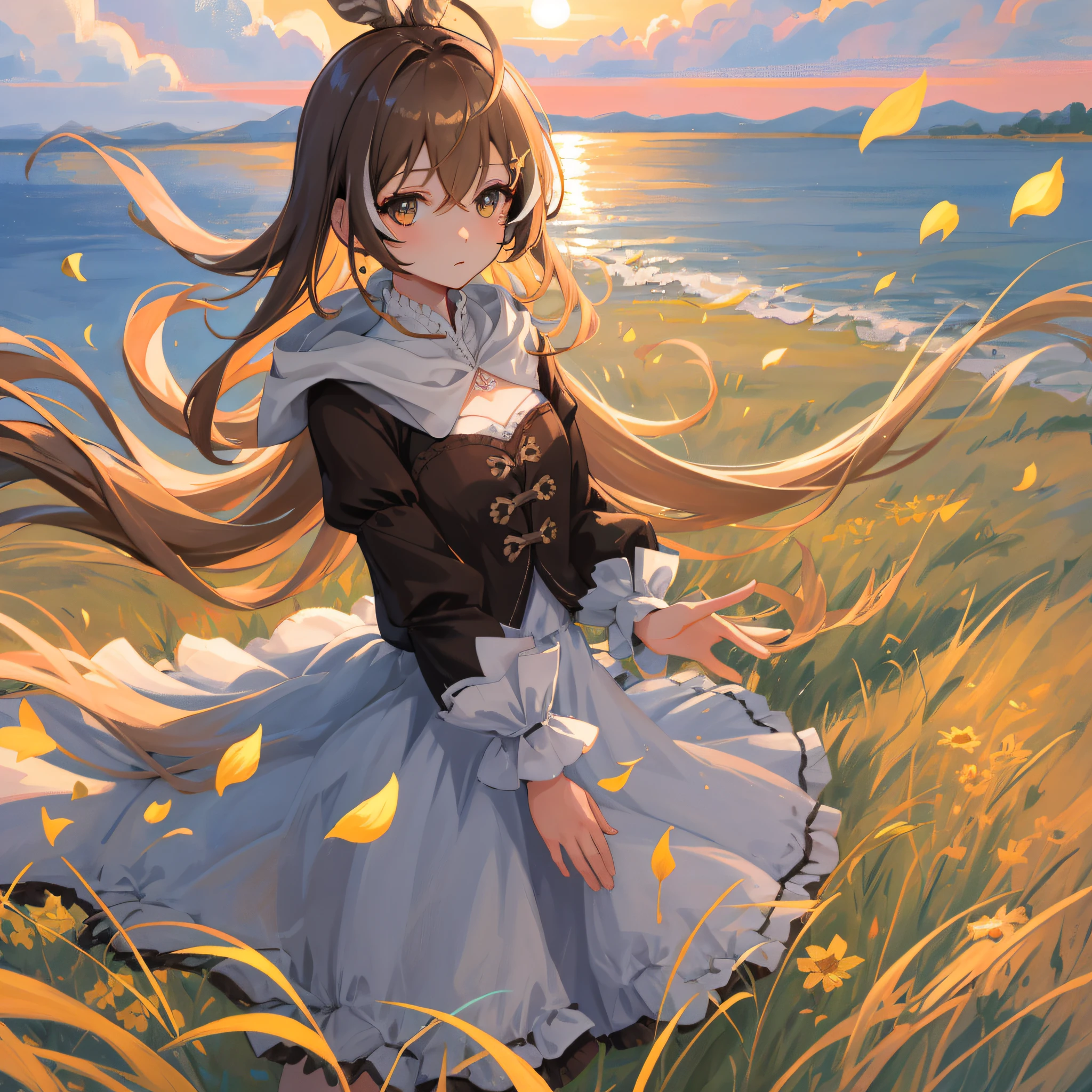 (人物: Nanashi Mumei), {brown hair}, (masterpiece:1.2), 1girl, solo, best quality, shiny skin, hyper detailed ultra high res, cute, looking at viewer, extremely detailed wallpaper, close up portrait, beautiful and delicate water, the finest grass, very delicate light, nature, painting, water spray, breeze, flowers and grass meadow, near the water edge, (sunset, starry sky in a circle), randomly distributed clouds, river, splashing water, falling petals