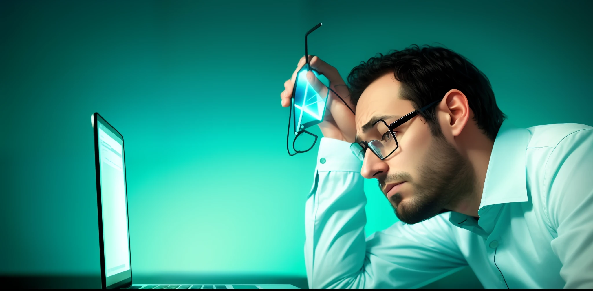 arafed man with glasses and a laptop on a desk, sleepy, looking tired, a python programmer's despair, technological anguish, digitally enhanced, showing forehead, forehead only, poorly lit, profile photo, desperate pose, sad man, looking exhausted, struggling, sleepy expression, asleep, facepalm, low-key, fatigue, frustrated, trending photo