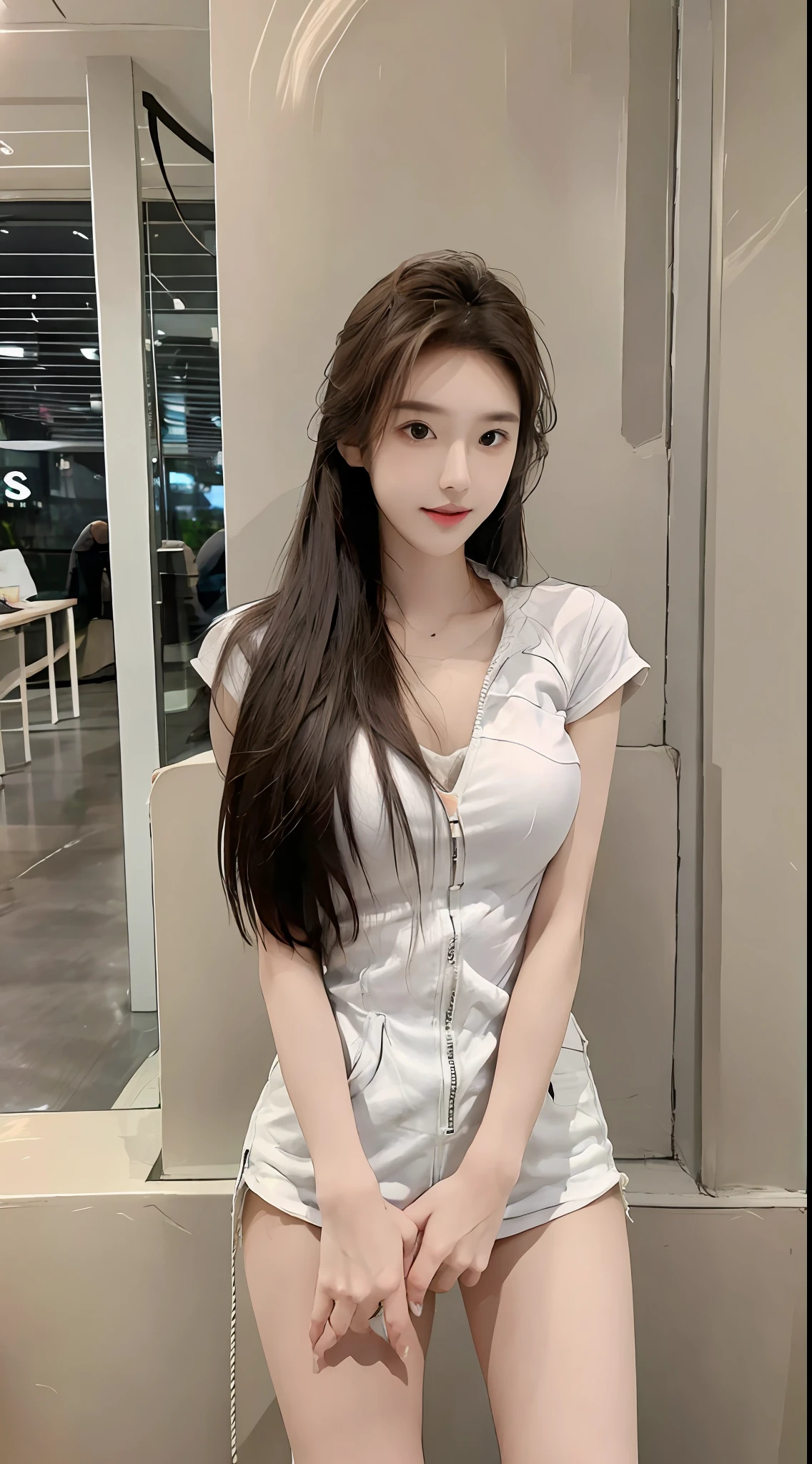 Realistic, high resolution, 1 girl, long hair, Korean, loose white shirt, skinny denim shorts, thighs, on the street
