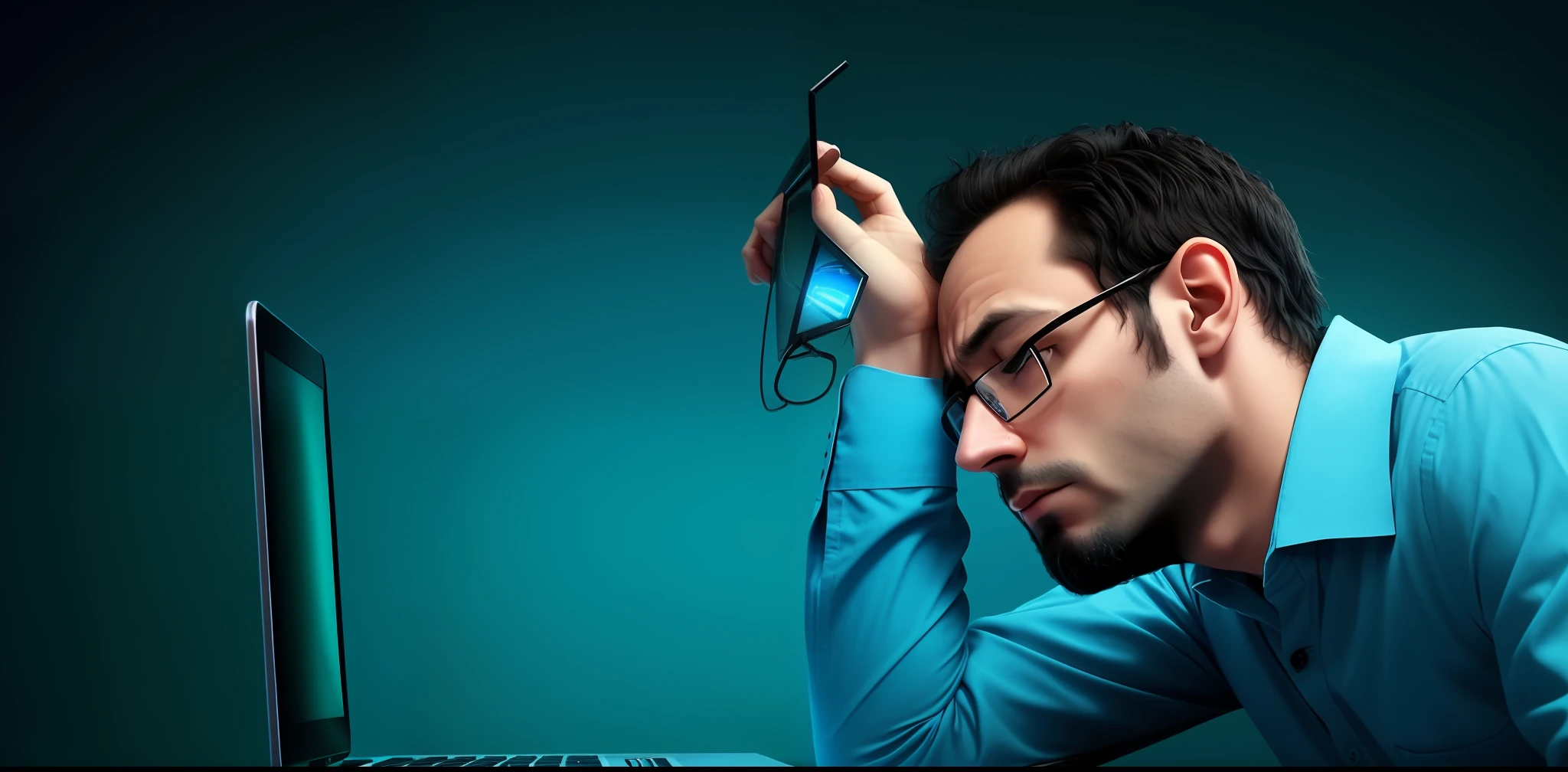 arafed man with glasses and a laptop on a desk, sleepy, looking tired, a python programmer's despair, technological anguish, digitally enhanced, showing forehead, forehead only, poorly lit, profile photo, desperate pose, sad man, looking exhausted, struggling, sleepy expression, asleep, facepalm, low-key, fatigue, frustrated, trending photo