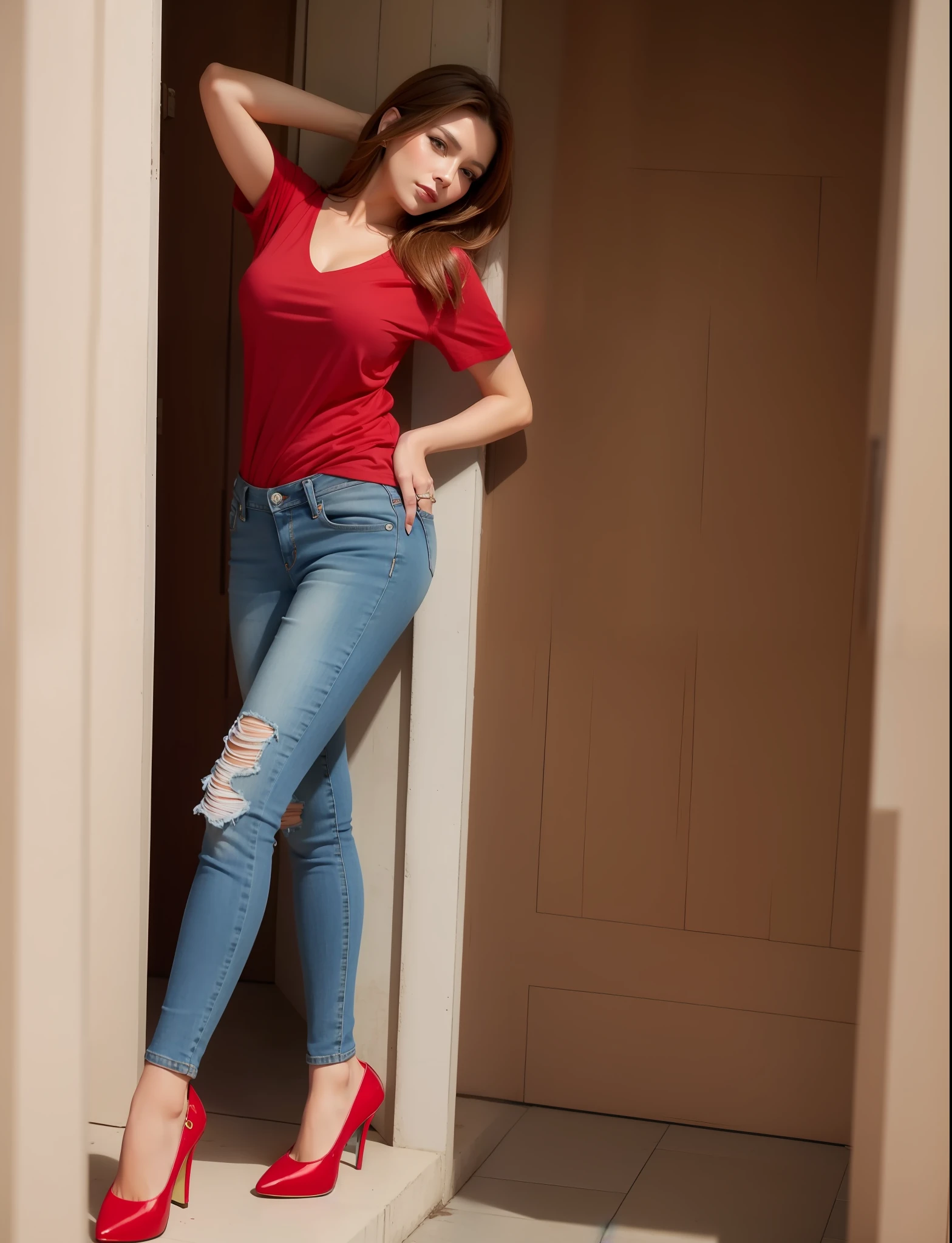 Pretty woman dressed in jeans and red t-shirts