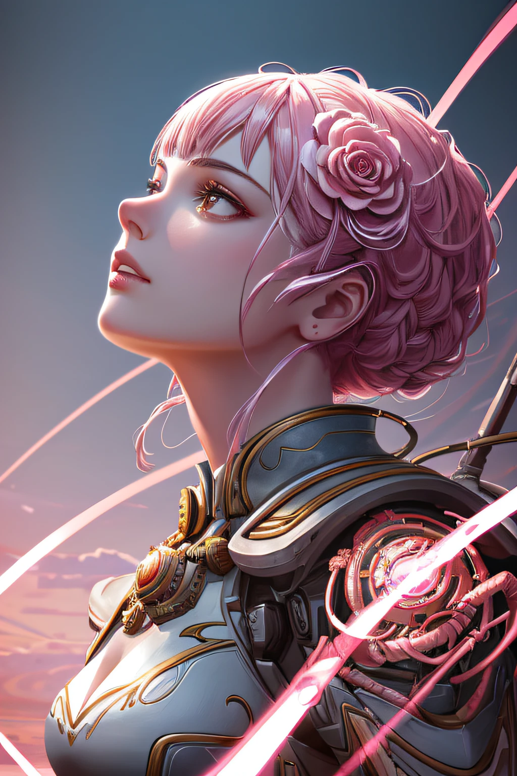 1mechanical girl,((ultra realistic details)), portrait, global illumination, shadows, octane render, 8k, ultra sharp,metal,intricate, ornaments detailed, cold colors, egypician detail, highly intricate details, realistic light, trending on cgsociety, glowing eyes, facing camera, neon details, machanical limbs,blood vessels connected to tubes,mechanical vertebra attaching to back,mechanical cervial attaching to neck,sitting,wires and cables connecting to head, Radiant pale pink rose - shaped clouds and sakura blossoms surround a floating fantasy mansion in the sky, pale pastels, fantasy, enchanted dreamland, magical fairy landscape seen in the distance, atmospheric lighting, intricate, elegant, volumetric lighting, dot matrix digital painting, highly detailed, artstationHQ, sharp focus, illustration, concept art, magical realism