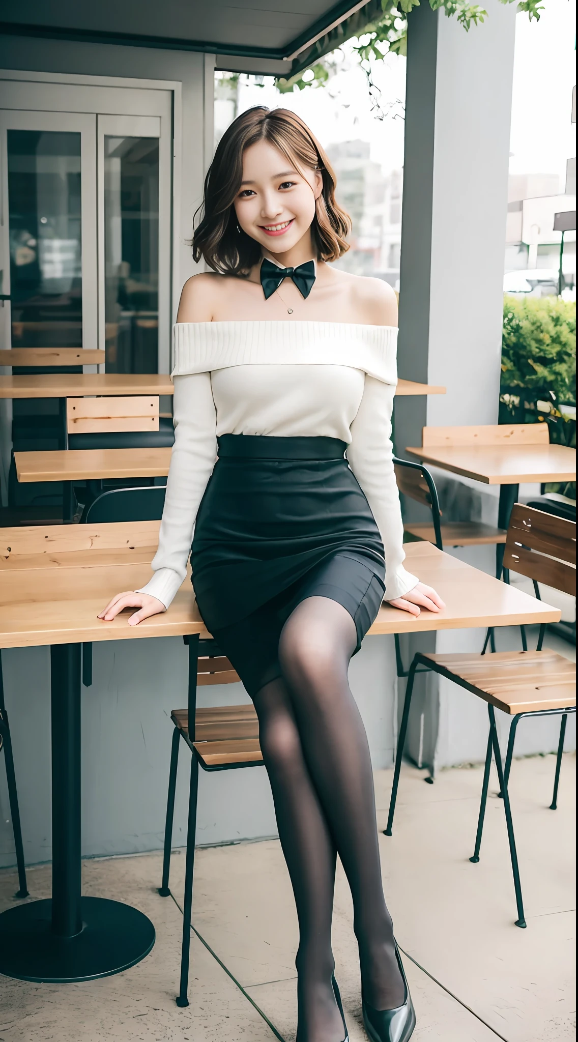 8K UHD, DSLR, Film Grain, Fujifilm XT3, (Best Quality: 1.3), (Masterpiece: 1.1), High Resolution, Cinematic Light, Intricate Detail, (Photorealistic), Outside, Beautiful Outside, Sunny,
Korean girls, (Cafe: 1.5), dimples, bob cuts, off-shoulder sweaters, viewer watch, detailed trees, ribbons, bow ties, bare shoulders,
pencil skirt, high waist skirt, headrest, sitting, indoor,
 necklace, black pantyhose, sheet transport sweater, (smile), slender (full body: 1.6),