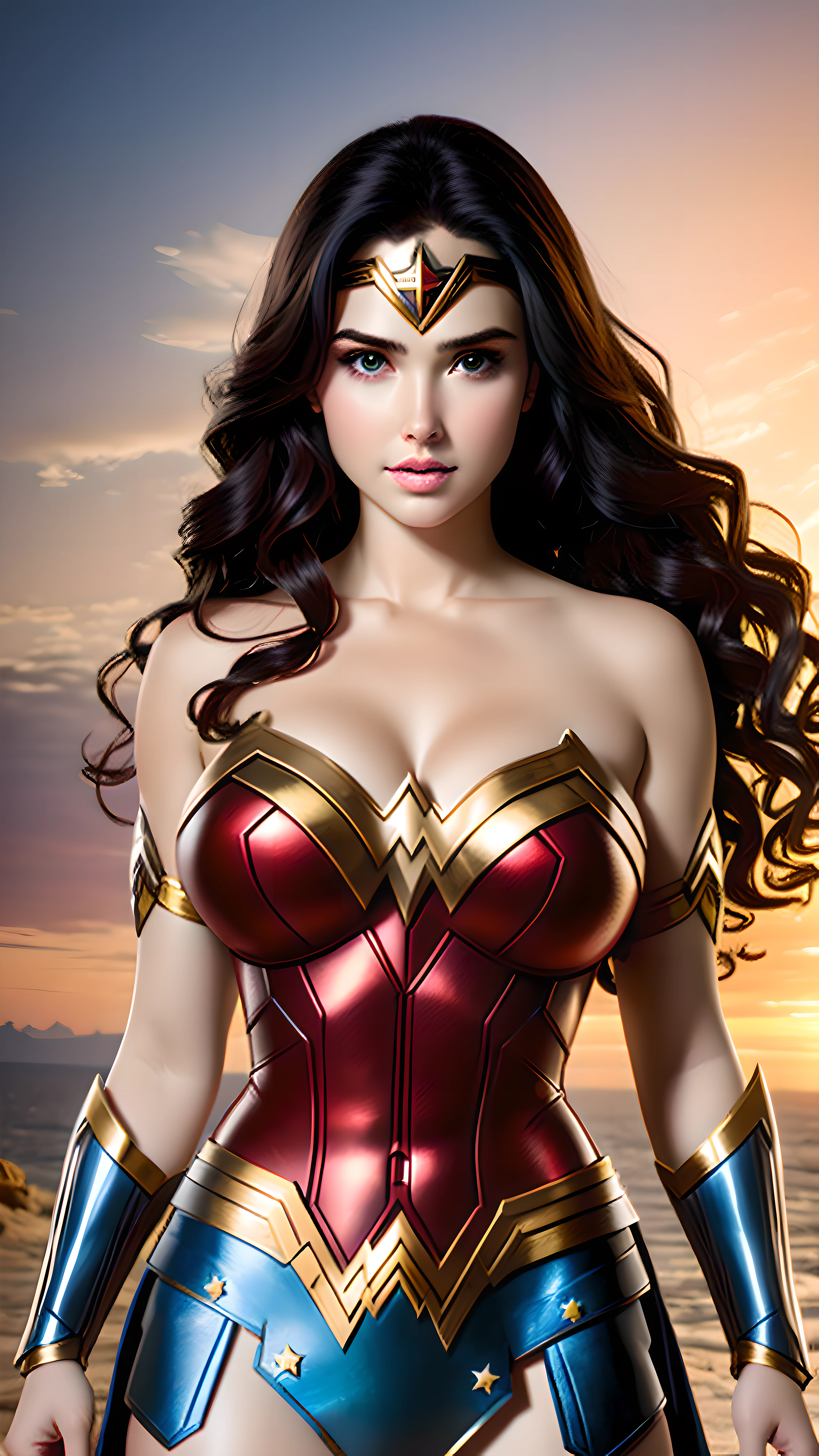 photo portrait of  the wonder woman, colorful, realistic round eyes, dreamy magical atmosphere, superheroine costume,  (large breasts:1.3),