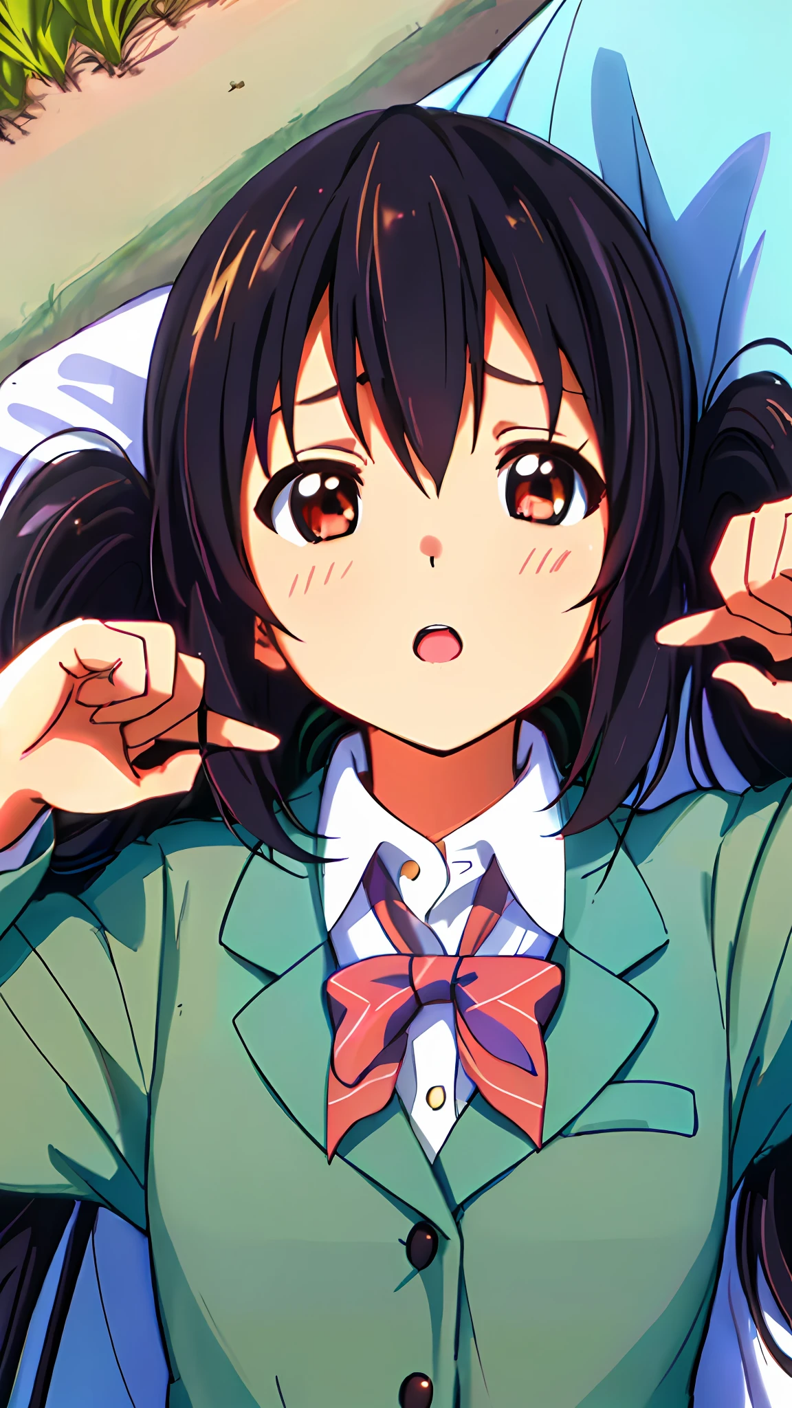 1girl, ((((Masterpiece))), Best Quality, Best Quality, High Detail, Azusa Nakano, 1girl, Sakuragaoka High School Uniform, Musical Instrument, School Uniform, Twin Tails, Long Hair, Black Hair, Brown Eyes, Solo, Red, Dark blue blazer with a thin ribbon of red, Solid white button shirt under blazer, Illustration, Cartoon, Soothing tones, Muted colors, Soft cinematic light, Adobe Lightroom, Photo Lab, HDR, complex and highly detailed, (((depth of field))))). (((Masterpiece))). (((highest quality))).) ((super detail))). (((Illustration))). (((Outside))). (((fighting stance))).,(((Lying down))).dynamic focus.small breasts.. (((Face of sadness))). Open mouth.Close your eyes.Spread your arms.Ground.Lie on your back.