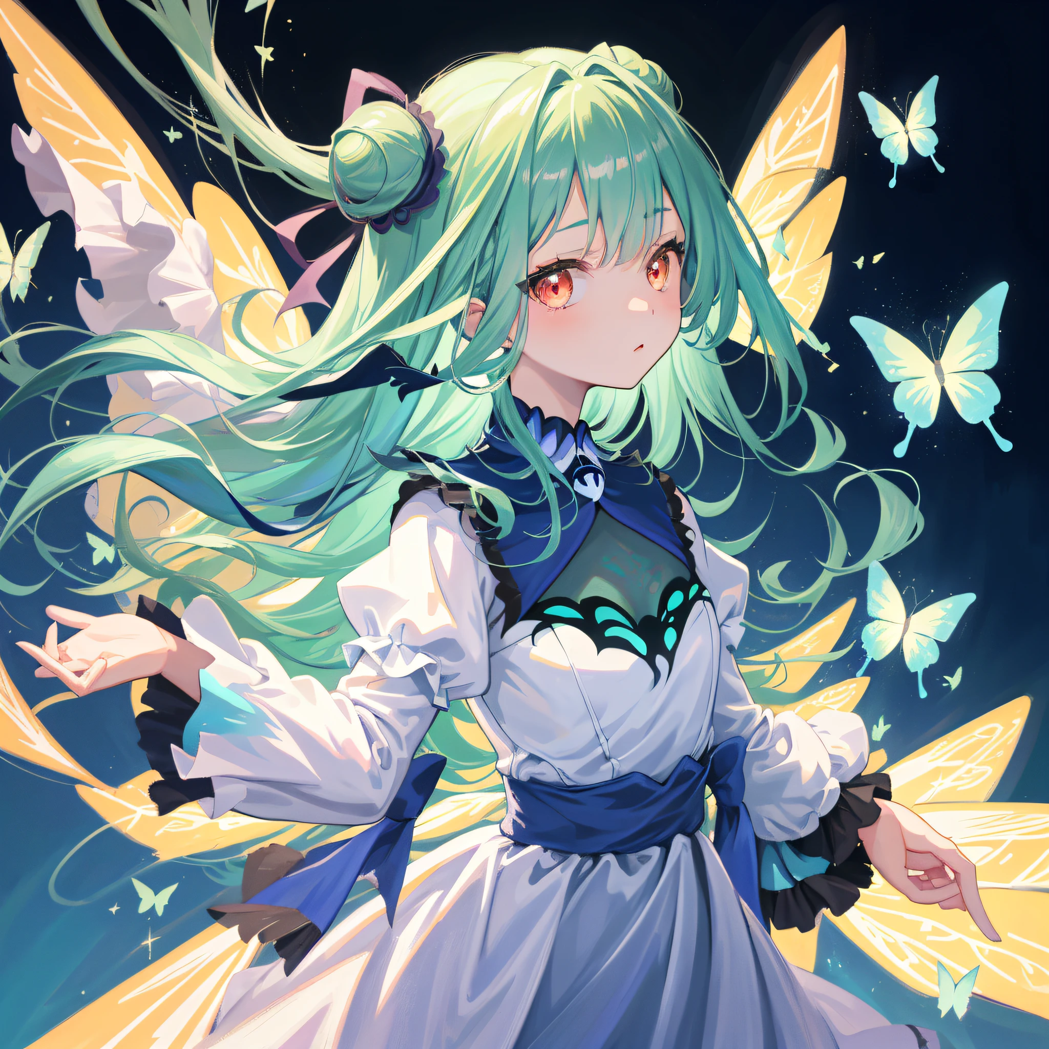(人物: Uruha Rushia), tiny_chest, (masterpiece:1.2), 1girl, solo, best quality, shiny skin, hyper detailed ultra high res, cute, looking at viewer, extremely detailed wallpaper, close up portrait, with a butterfly,