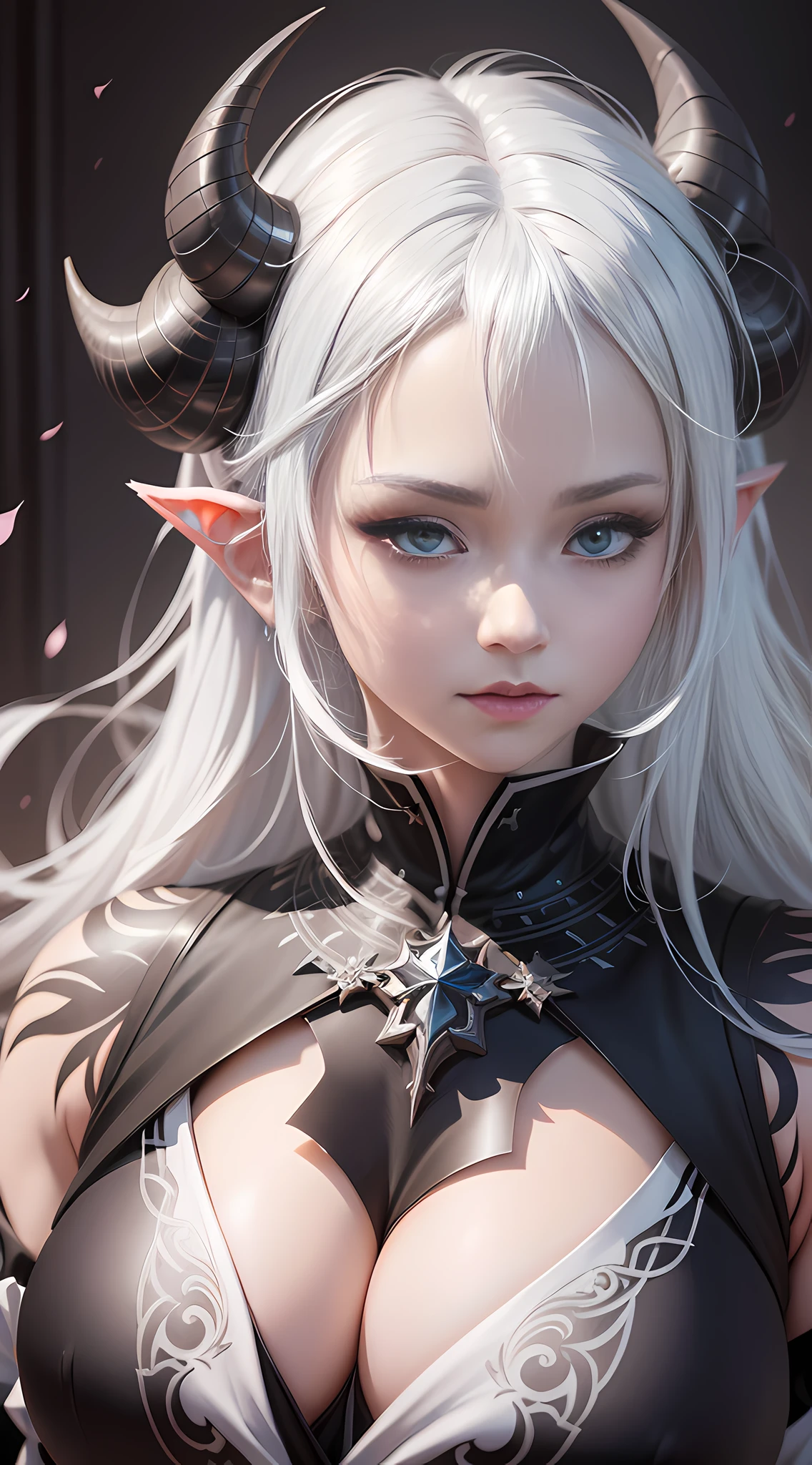 anime girl with white hair and horns in a black dress, a character portrait by Yang J, pixiv, fantasy art, detailed digital anime art, anime art wallpaper 8 k, white haired deity, beautiful fantasy anime, anime fantasy artwork, anime fantasy illustration, anime art wallpaper 4k, anime art wallpaper 4 k, guweiz on pixiv artstation