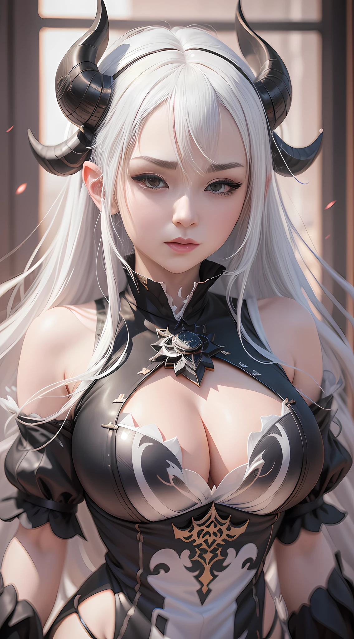anime girl with white hair and horns in a black dress, a character portrait by Yang J, pixiv, fantasy art, detailed digital anime art, anime art wallpaper 8 k, white haired deity, beautiful fantasy anime, anime fantasy artwork, anime fantasy illustration, anime art wallpaper 4k, anime art wallpaper 4 k, guweiz on pixiv artstation