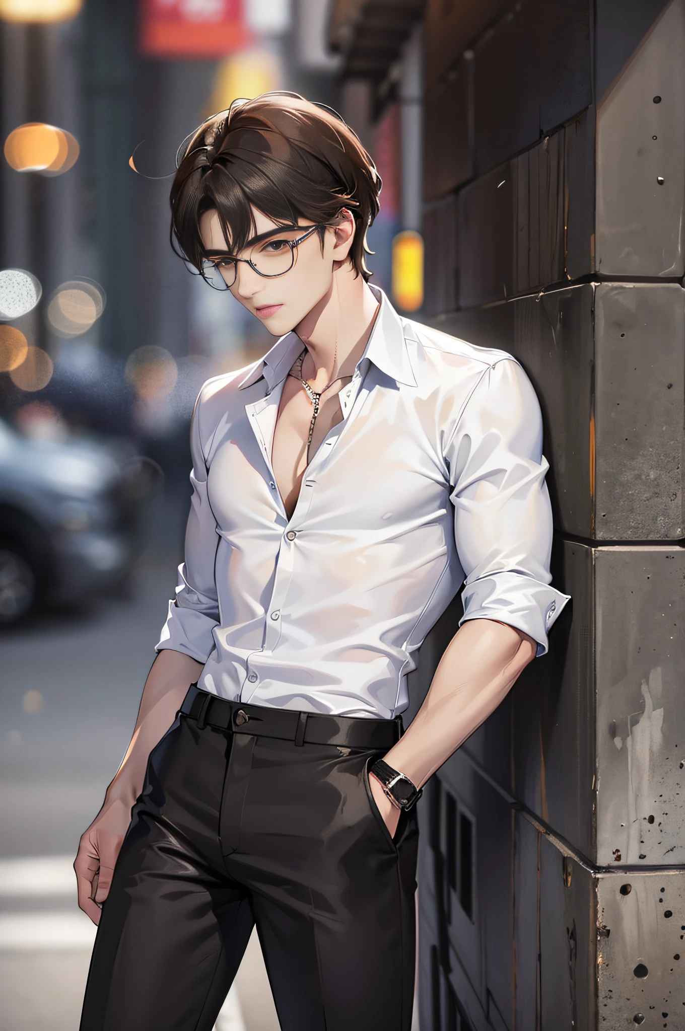 (highest resolution, distinct_image), brown pupils, brown eyes, wearing glasses, focused eyes, affectionate, best picture quality, male god masterpiece, high detail, short black hair, black hair, bangs, 18 years old, mature, young, urban elite, tall, white shirt, black pants, solid color background, cold, tall and handsome, authoritative, powerful, delicate facial features, delicate facial features, whole body