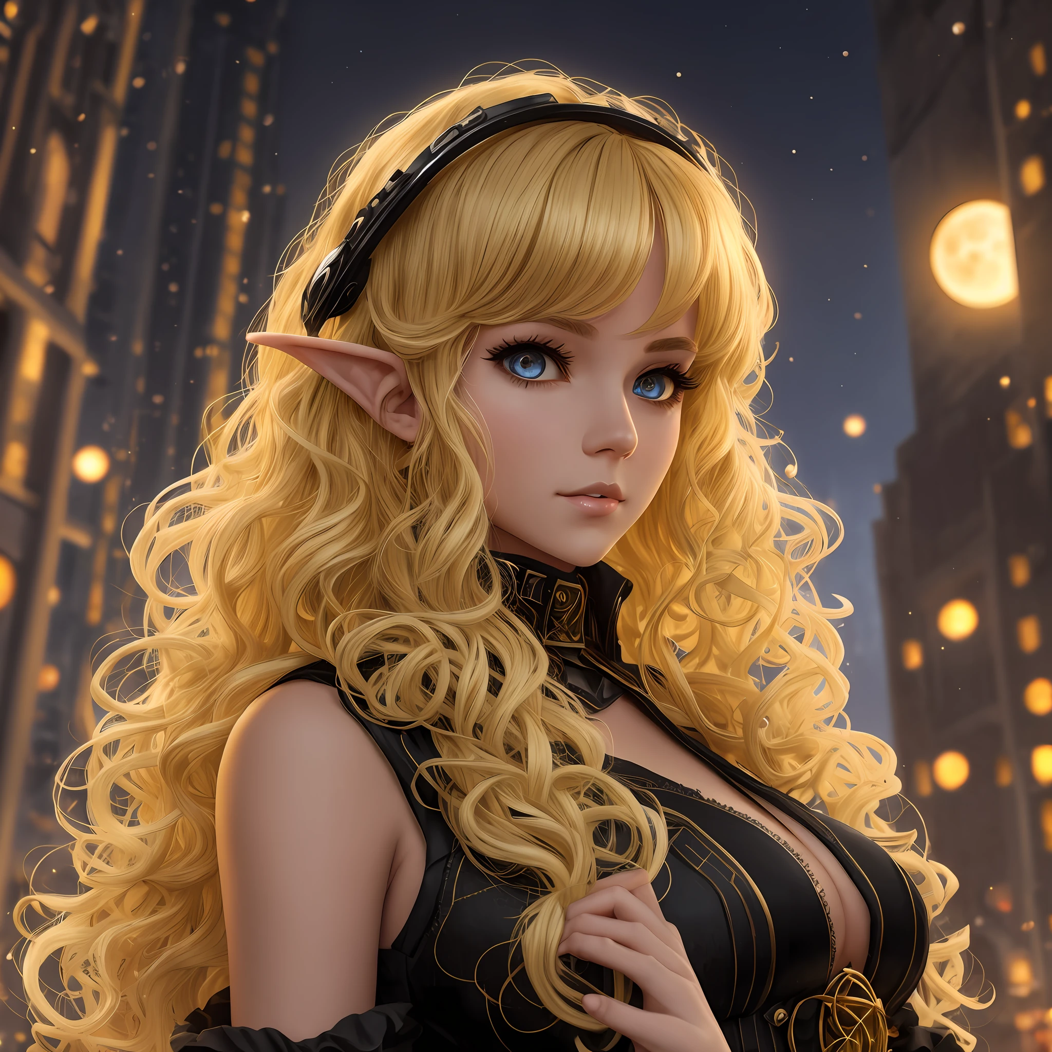 Curly-haired blonde and black-clothed Lolita, with golden light flashing in the eyes of the elves, people standing quietly under the blood moon, surrounded by darkness and the future, sprouting confusion about life in the world of cyberpunk. --auto --s2